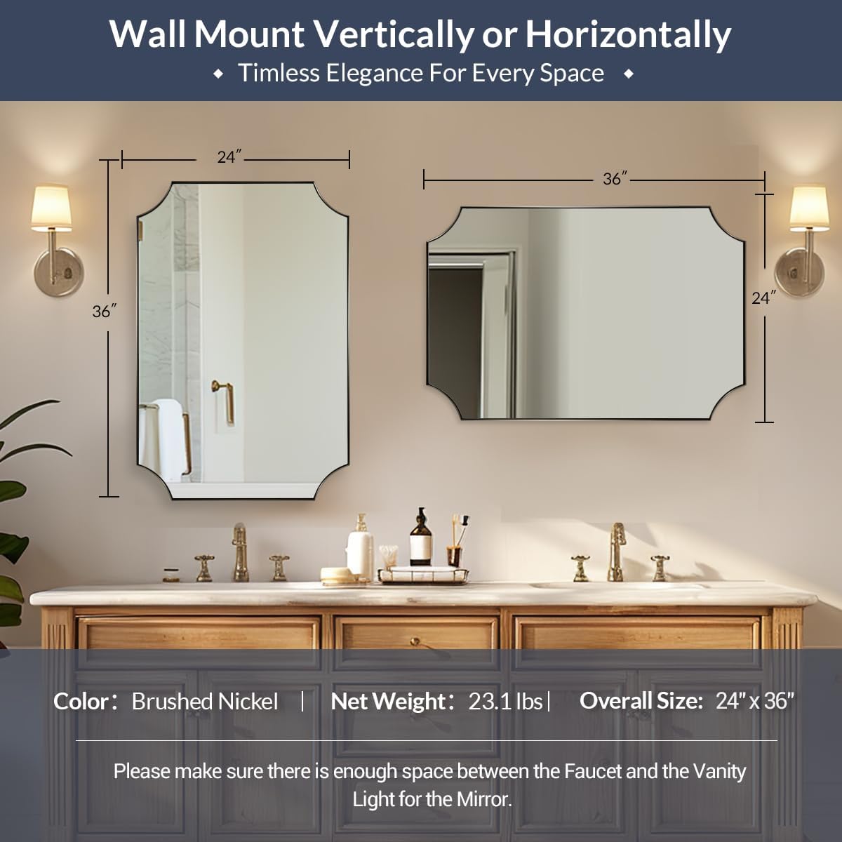 MIRRORART Brushed Nickel Mirrors 24x36 Inch, Contemporary Scalloped Silver Bathroom Mirrors, Notched Corner Rectangle Mirror for Home Remodel in 1'' Stainless Steel Metal Frame Wall Mount Two Ways