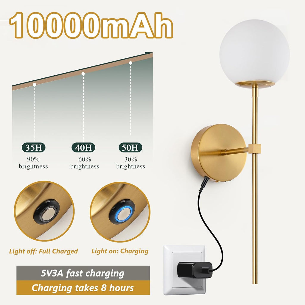 Battery Operated wall Sconce Set of 2 Glass Globe 3000K~6000K Rechargeable Gold Wall Light Fixture Wireless Wall Lights with Clear Glass Shade for Living Room, Hallway, Bedroom(2 Pack)