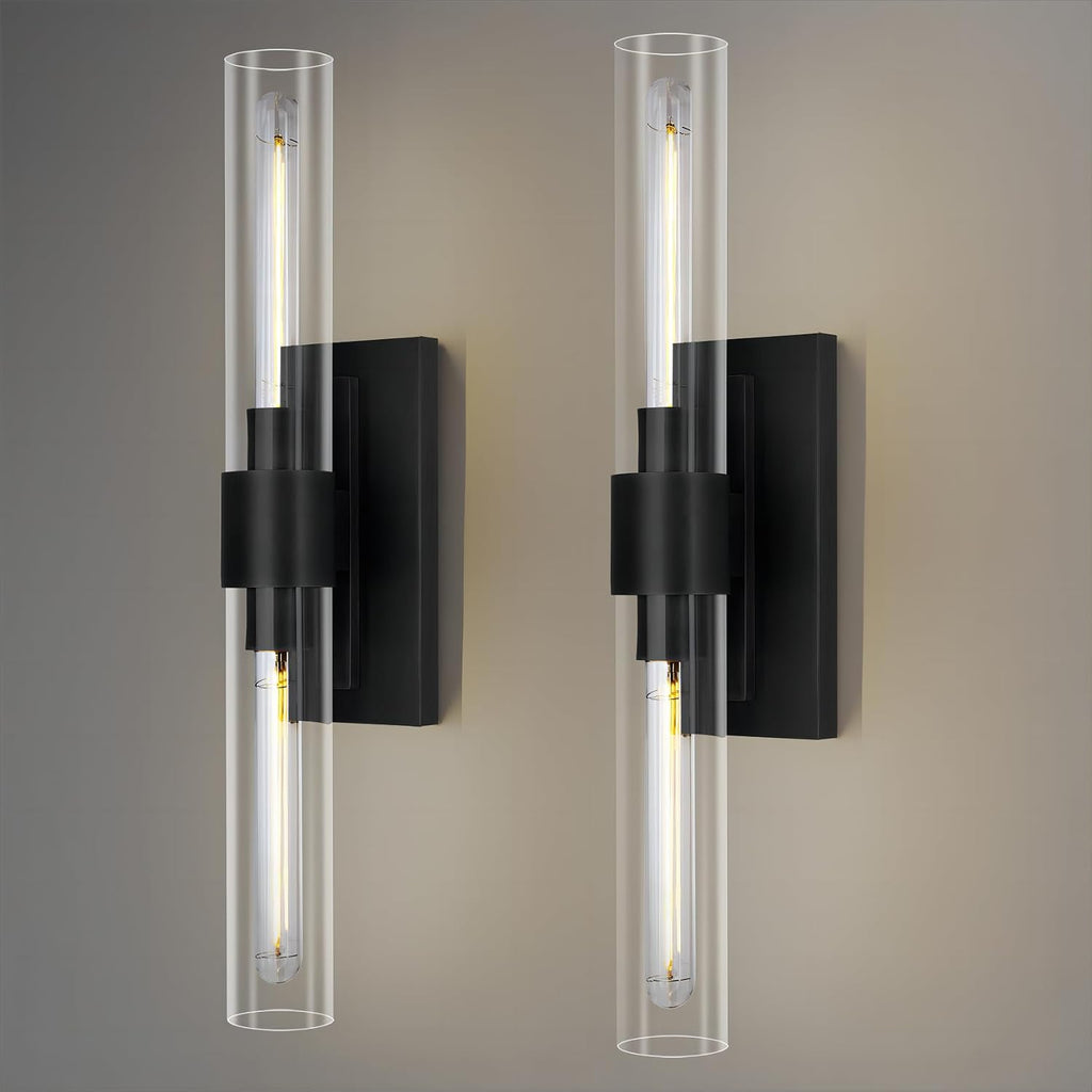 Black Wall Sconces, 22.8' Bathroom Sconces, Sconces Wall Lighting 2-Light, Bronze Wall Sconces Set of Two, Vanity Lights Tube Sconce, Glass Wall Sconce for Living Room, Bedroom, Hallway