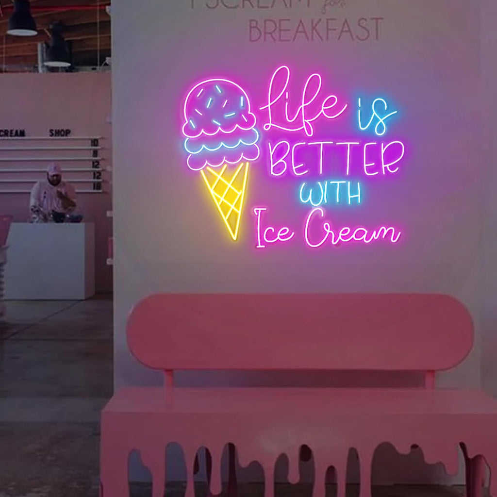 Life Is Better With Ice Cream Neon Sign LED Ice Cream Open Neon Light Signs Wall Decor for Bar Shop, Home, Bedroom,Party Gift Size: 25 inches