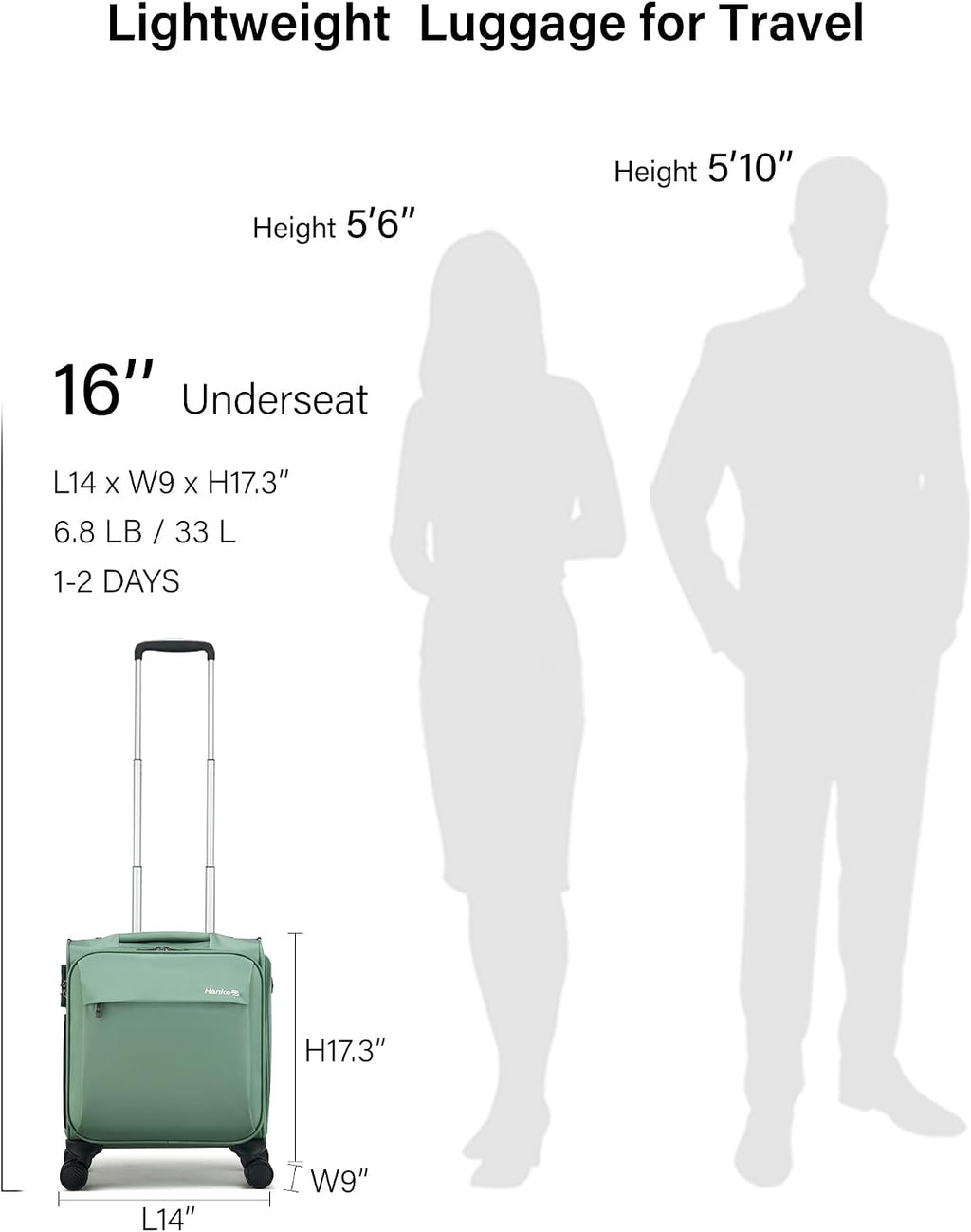 Hanke 16 Inch Underseat Carry On Luggage with Wheels Small Suitcase Softside Luggage Bags for Travel Lightweight Suitcases with Wheels Travel Luggage Personal Item for Men and Women(Forest Green)