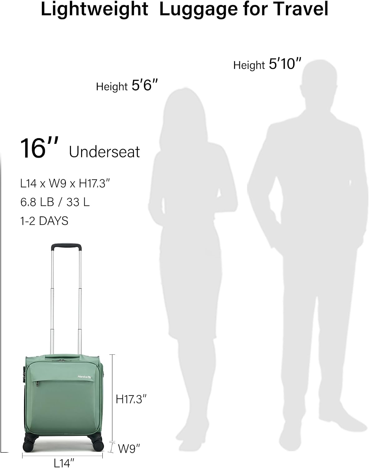 Hanke 16 Inch Underseat Carry On Luggage with Wheels Small Suitcase Softside Luggage Bags for Travel Lightweight Suitcases with Wheels Travel Luggage Personal Item for Men and Women(Forest Green)