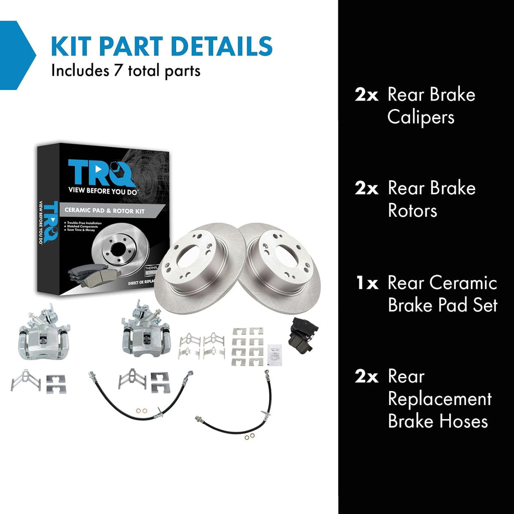 TRQ Rear Brake Pad and Rotor Set Ceramic Rotors Calipers Hoses Compatible with 2003-2007 Honda Accord