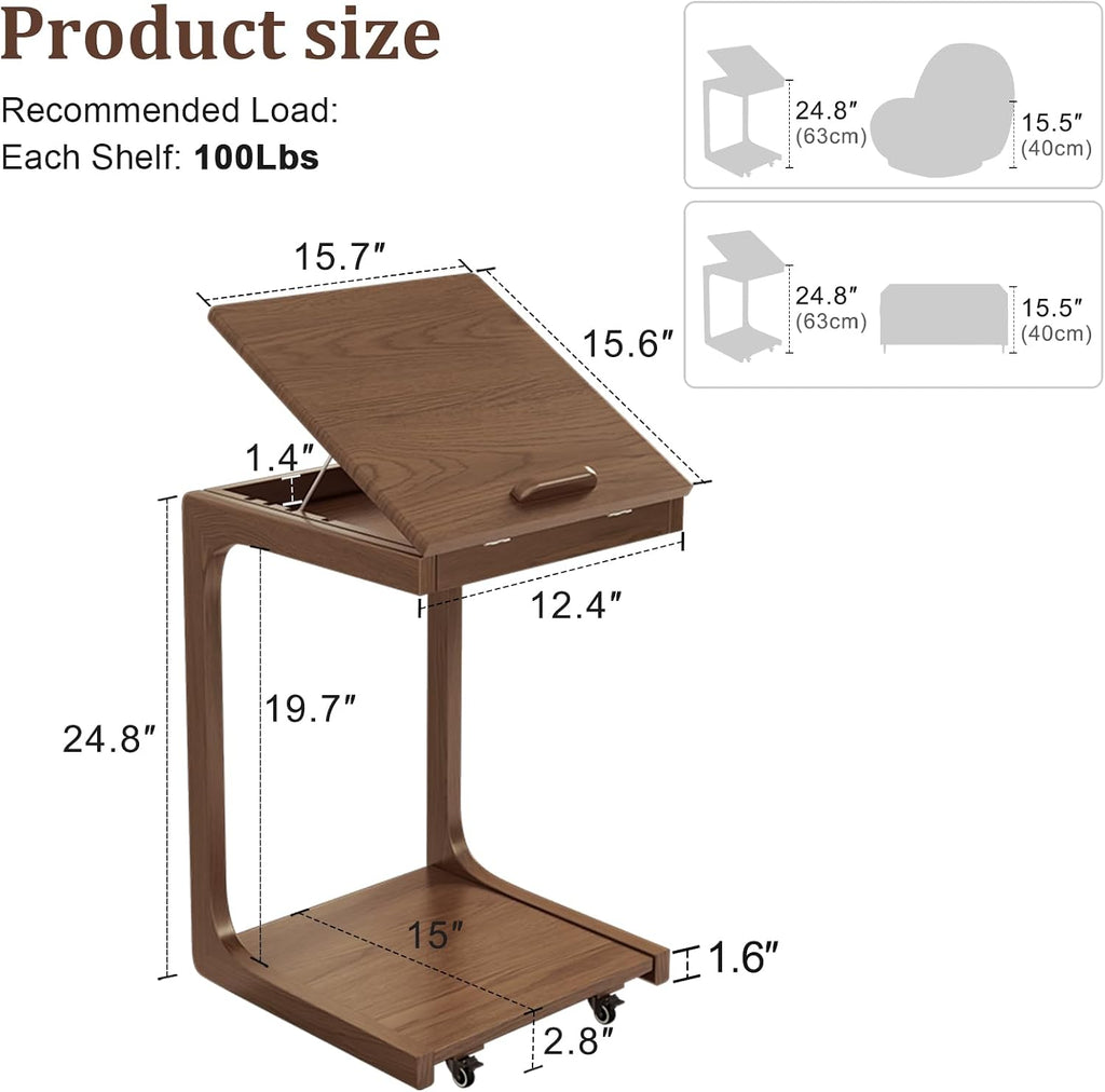 AQIMUELE Wooden C-Shaped End Table,Couch Table with Adjustable Desktop,Small Rolling Side Table with 2 Lockable Wheels,Small End Table for Couch, Living Room,Bedroom (Walnut)
