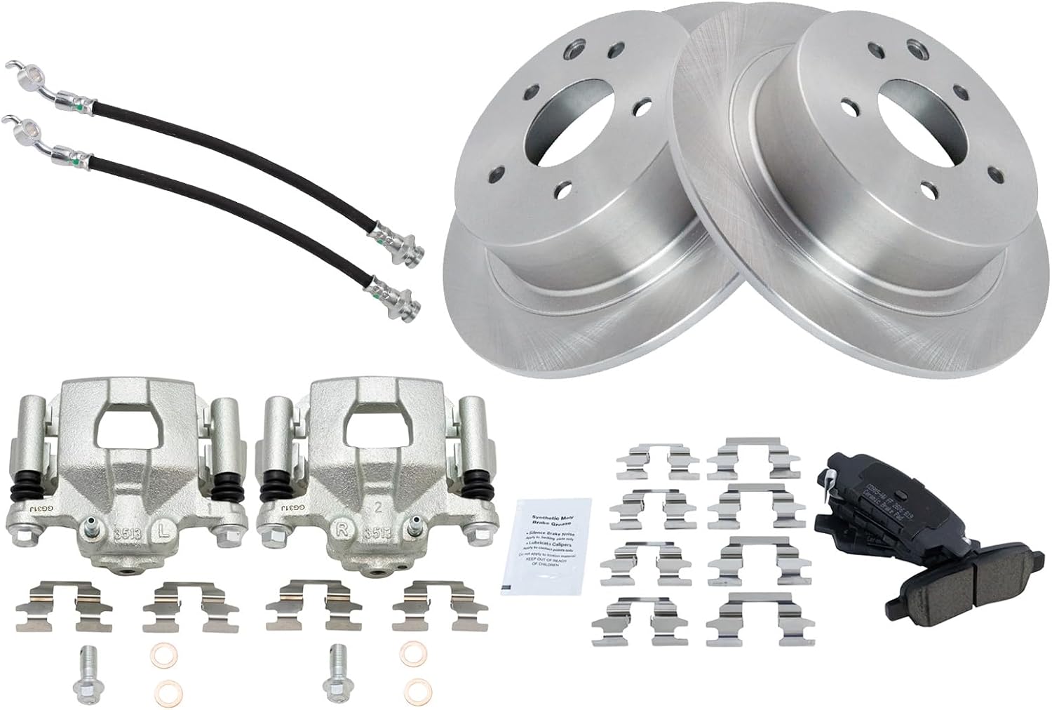 TRQ Rear Brake Pad and Rotor Set Ceramic Rotors Calipers Hoses Compatible with 2013 Nissan Altima