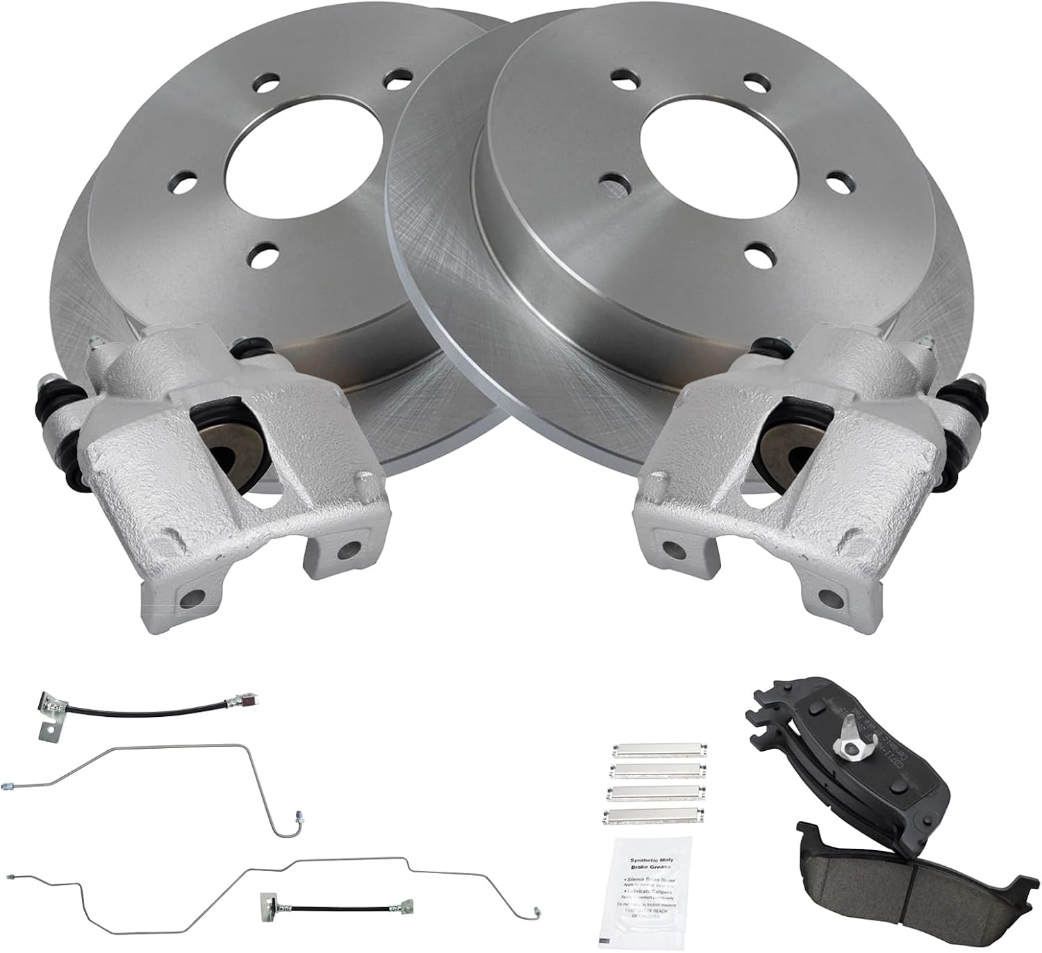 TRQ Rear Brake Pad and Rotor Set Ceramic Rotors Calipers Hoses Compatible with 1999-2003 Ford F-150 2004 F-150 Heritage