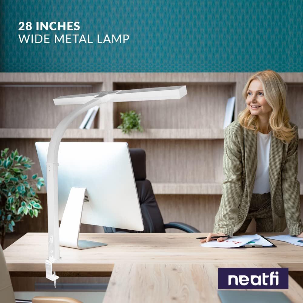 Neatfi 3,000 Lumens LED Desk Lamp with Clamp | Dimmable | 5 Brightness Levels & 5 Light Modes | Memory Function | Eye-Caring Flexible Lamp for Home & Office (28 Inches, White)