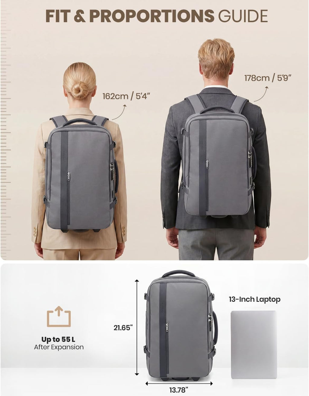 Fanwoli Rolling Vacuum Backpack Travel with One-Button Compression, Expandable Carry-On Suitcase Luggage, Approved TSA Lock & Water-Proof Laptop Compartment for Outdoor/Family/Business Trips