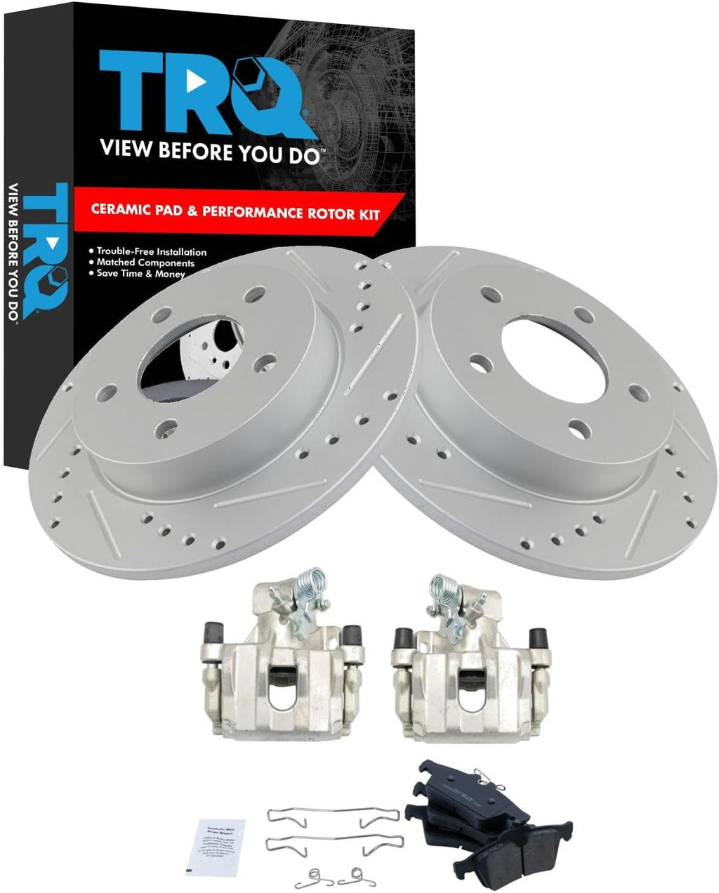 TRQ Performance Rear Brake Pad and Rotor Set Ceramic Solid Rotors Calipers Compatible with 2009-2013 Mazda 3
