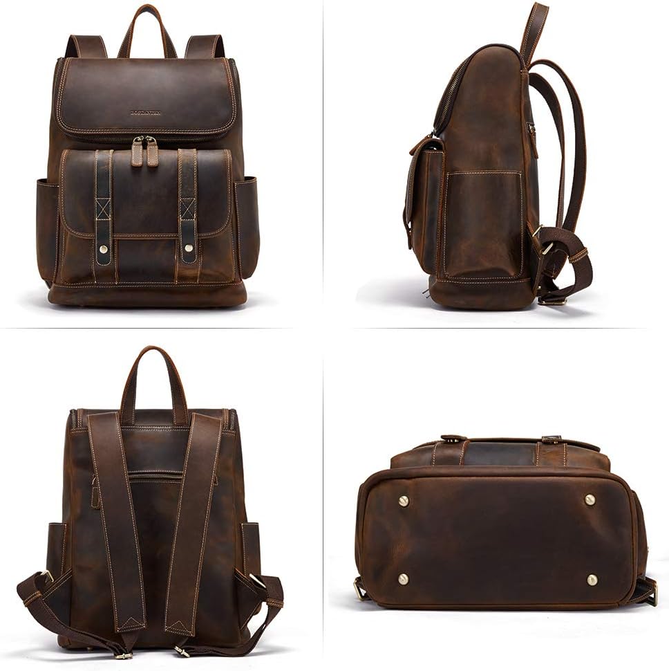 BOSTANTEN Leather Backpack for Men 15.6 inch Laptop Backpack Vintage Travel Office Bag Large Capacity Shoulder Bag Coffee