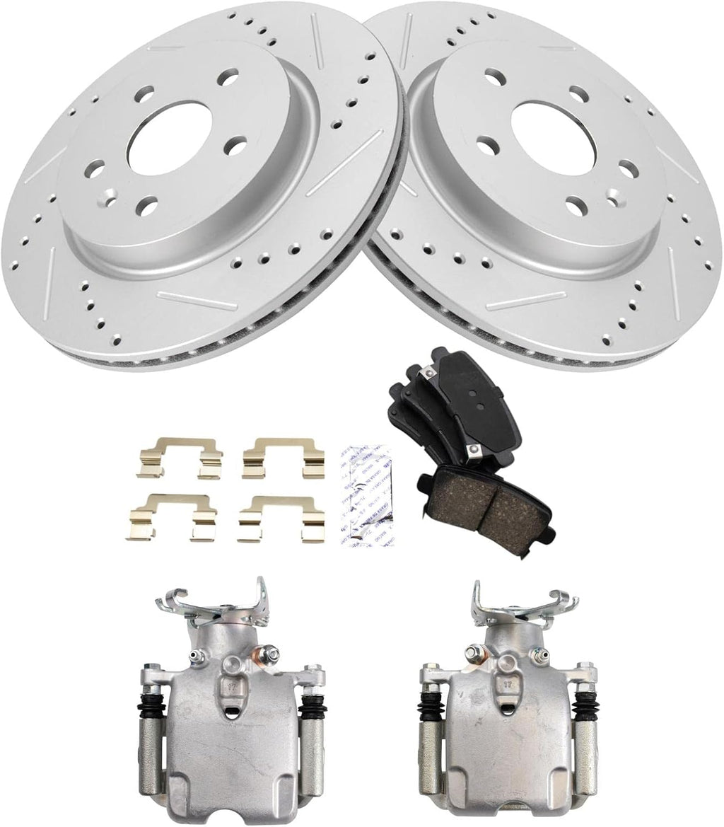 TRQ Performance Rear Brake Pad and Rotor Set Ceramic Vented Coated Rotors Calipers Compatible with 2010-2012 Buick LaCrosse