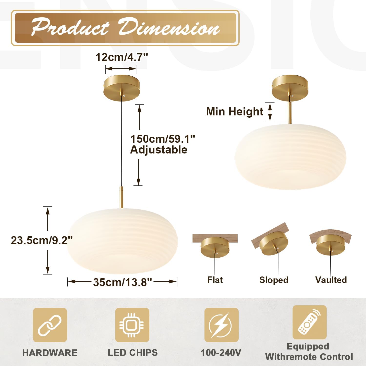 Modern Gold Globe Pendant Light Mid Century Brass Hanging Light Fixture Farmhouse White Round Dimmable Pendant Lighting Kitchen Island with Remote Control 3000K-6000K MPL02-35G-2 (2 Pack)