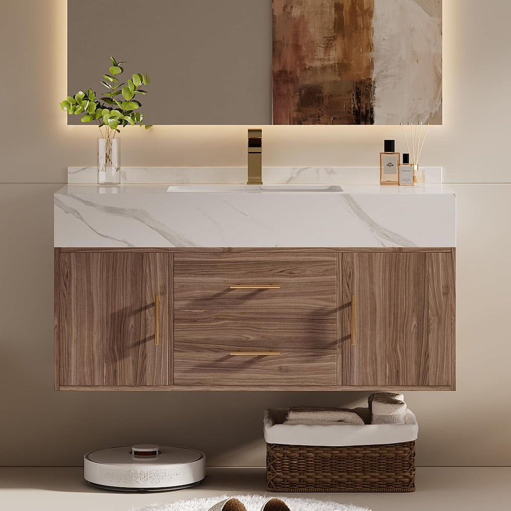 39.3' Floating Bathroom Vanity Set, Modern Wall-Mounted Vanity with Sintered Stone Countertop, Undermount Sink & Walnut Finish, Easy to Clean