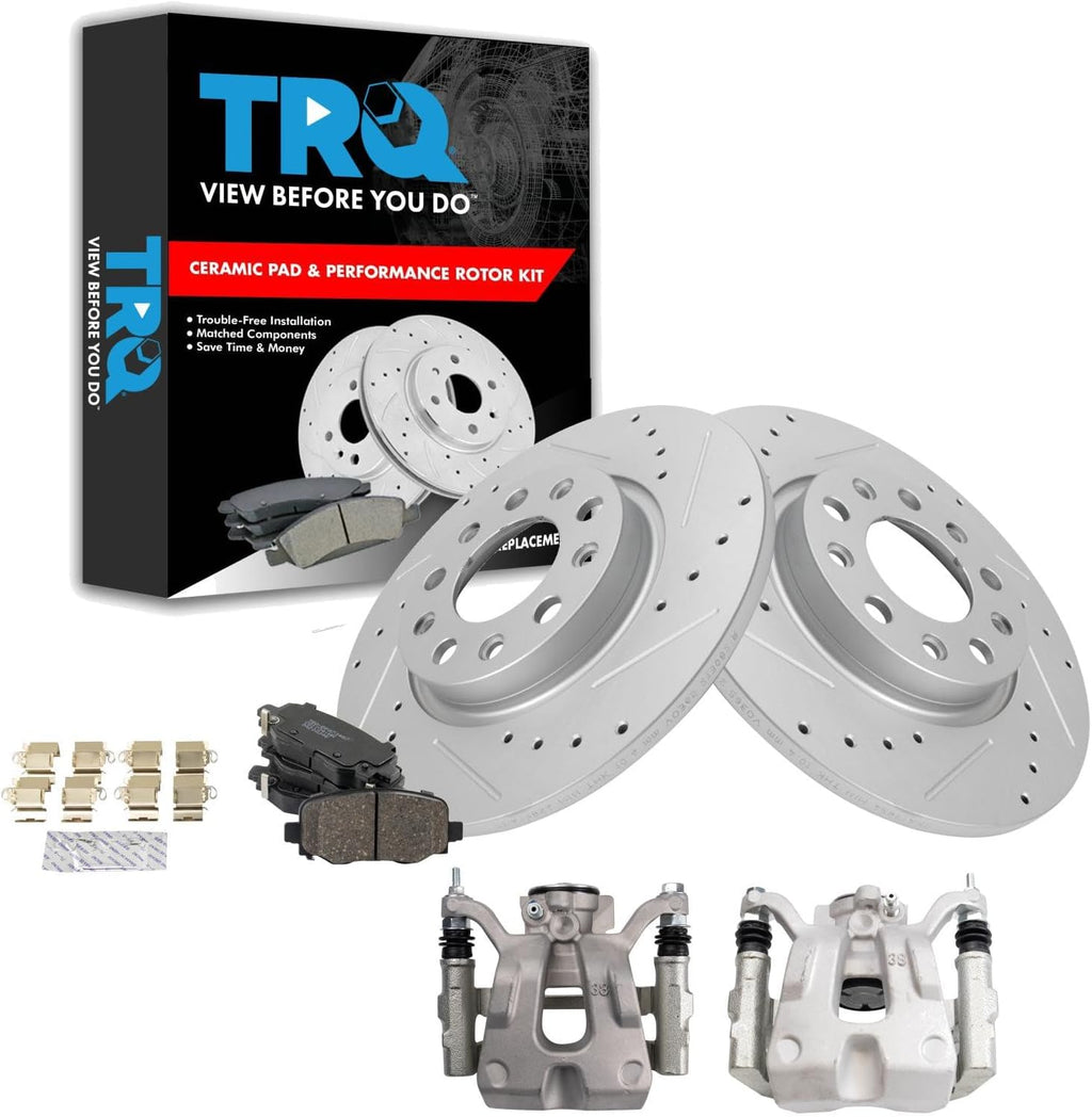 TRQ Performance Rear Brake Pad and Rotor Set Ceramic Solid Coated Rotors Calipers Compatible with 2015-2017 Chrysler 200 2016-2020 Jeep Cherokee
