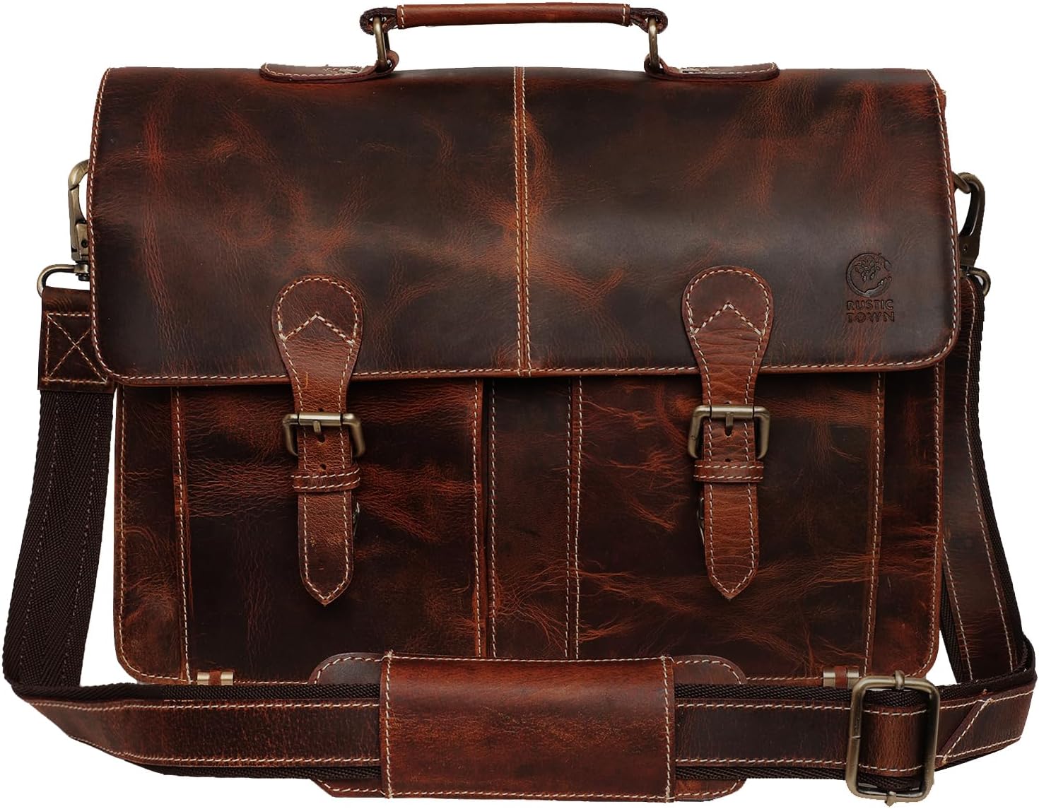 RUSTIC TOWN Handmade Leather Shoulder Briefcase Messenger Bag Mens 16 inch Laptop Satchel