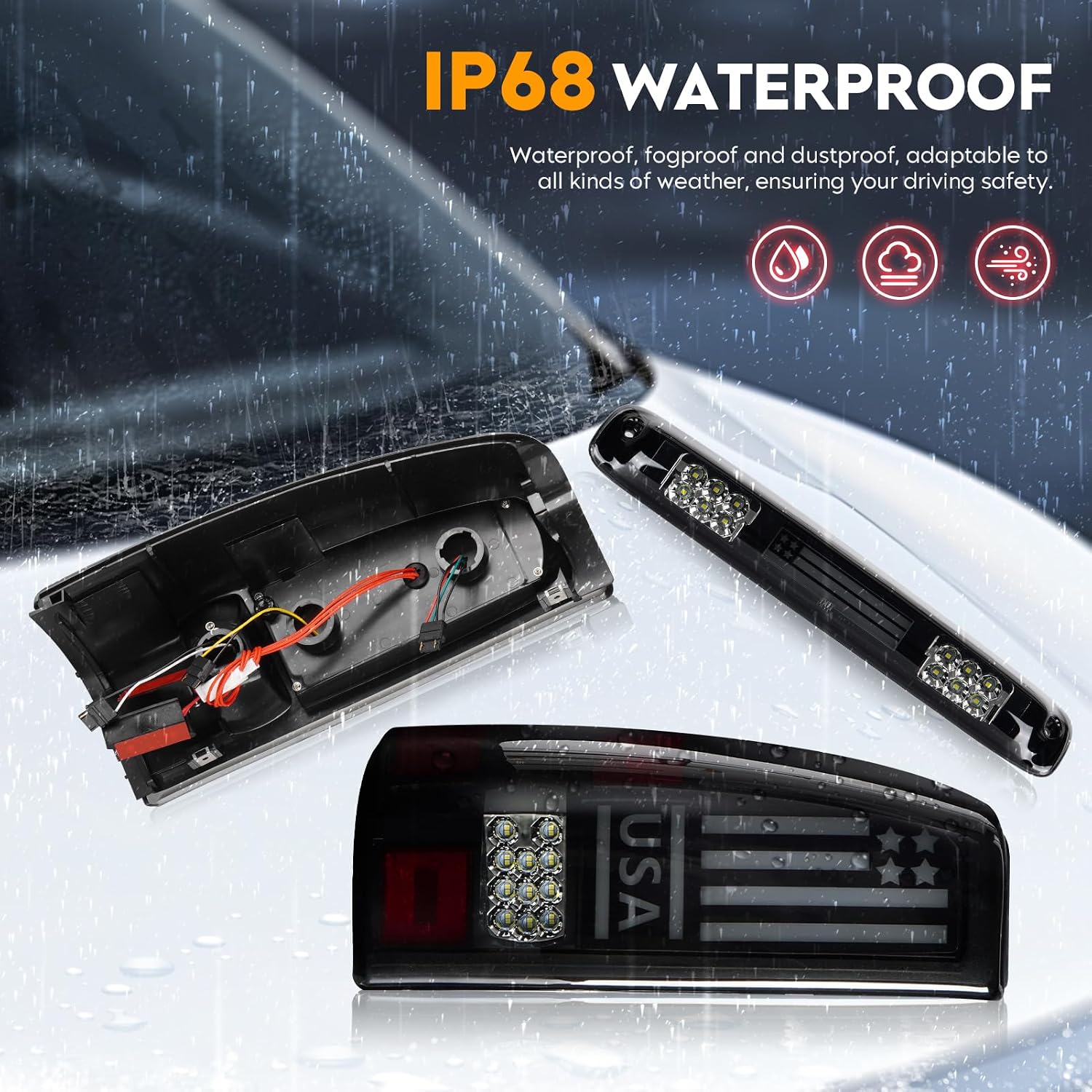 LED Tail Light + 3rd Third Brake Light Kit Fit for Chevy Silverado 1500 2500 HD 1999-2002, for GMC Sierra 1500 2500 HD Fleetside 1999-2003, Taillights and High Mount Stop Light, Smoke Lens
