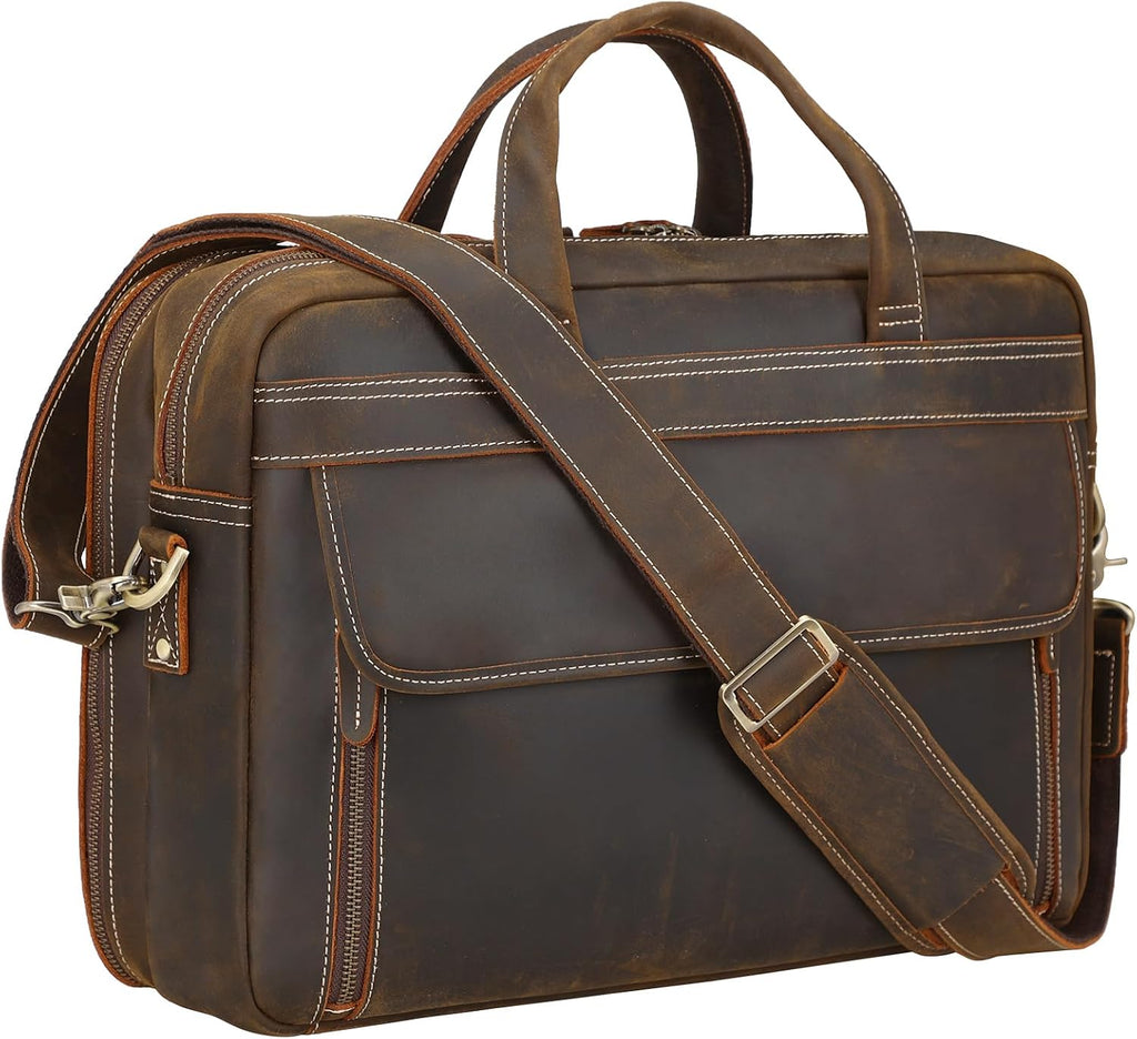 Masa Kawa Leather Briefcase for Men 15.6', 17' Laptop Computer Case Business Travel Work Messenger Cross Body Shoulder Bag