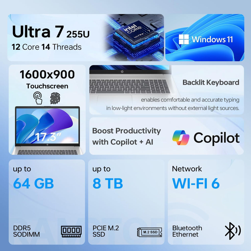 HP Pro Business Copliot AI Laptop PC, 17.3' Touchscreen, Ultra 7 255U, 16GB DDR5, 1TB SSD, Wi-Fi 6, Webcam, Backlit Keyboard, Fingerprint Reader, Bundle with PCO Laptop Cooler