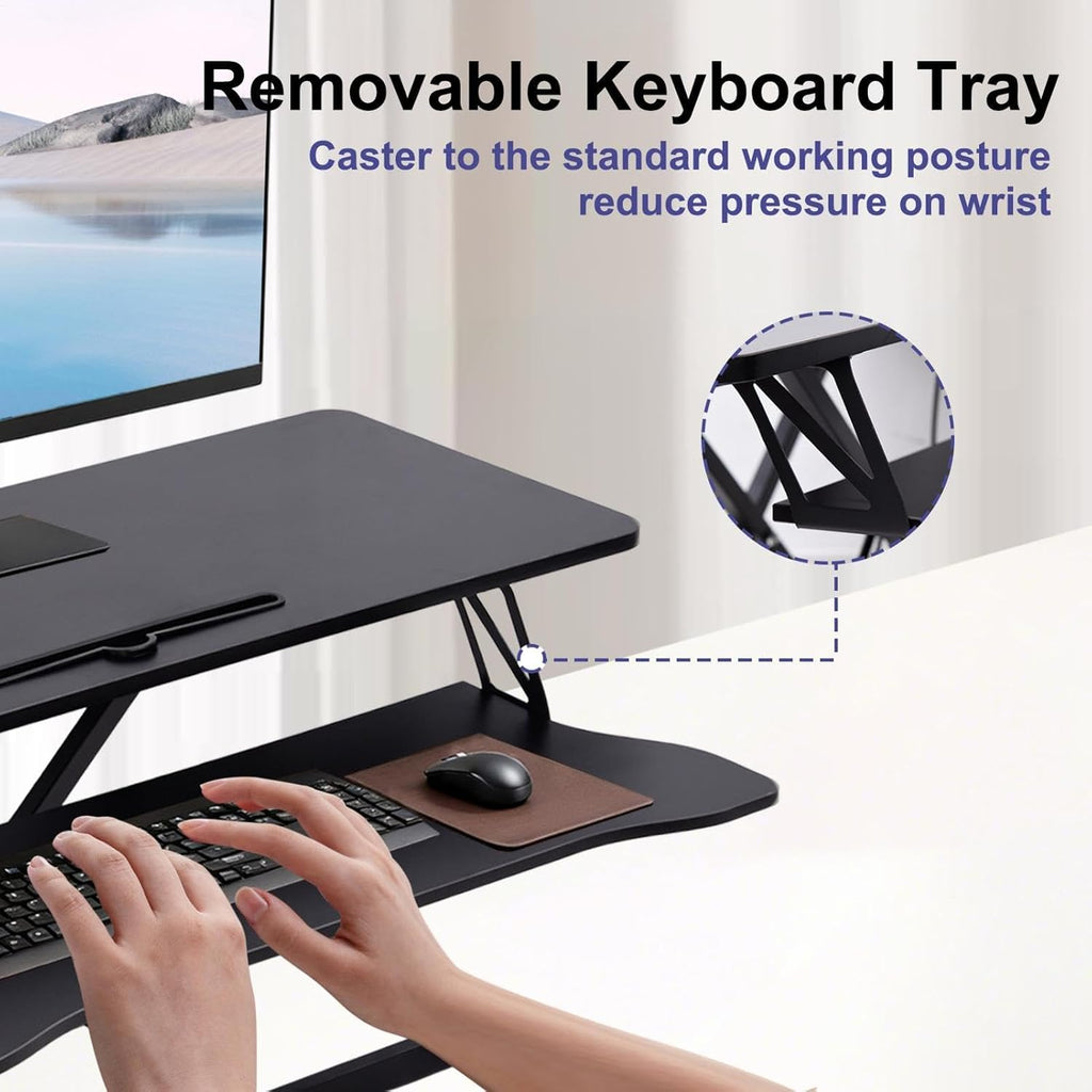 38-inch Standing Desk Converter Height Adjustable Sit to Stand Up Workstation, Duals Monitor and Laptop Riser with Wide Keyboard Tray, for Home, School, Company, Black