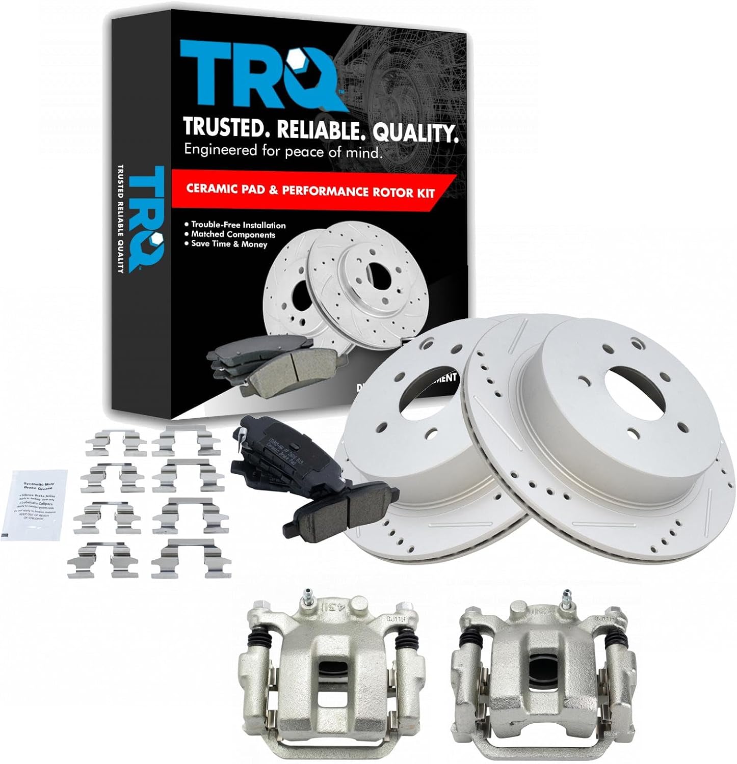 TRQ Performance Rear Brake Pad and Rotor Set Ceramic Vented Coated Rotors Calipers Compatible with 2003-2008 Infiniti FX35 FX45