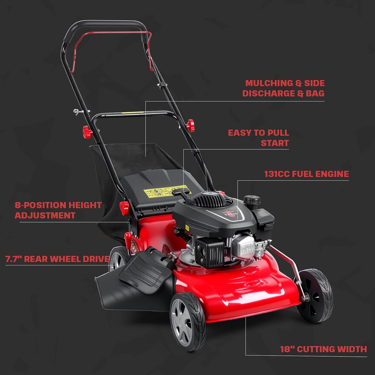 Lawn Mower Gas Powered | Gas Mower with 50l Grass Bag Big Wheels | 131cc Gas Engine 3 in 1 Mulching | 50L Grass Tank, Foldable Design Red, Big Wheels & Easy Start | Fast Arrival Red