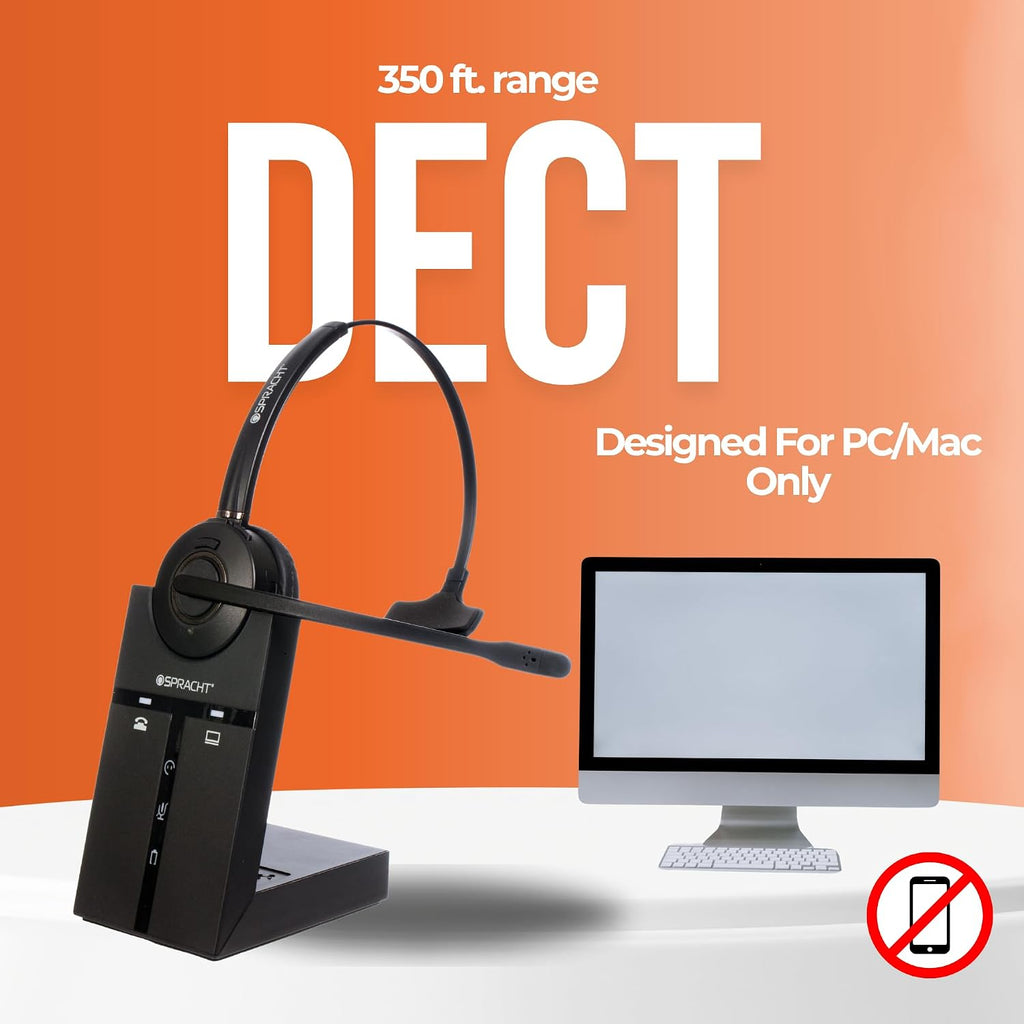 Spracht HS-3010 DECT USB Softphone Wireless Headset with Base Station| Headphones with Microphone, with Noise-Canceling Mic | Wireless Work Headset for PC, MAC, Laptops