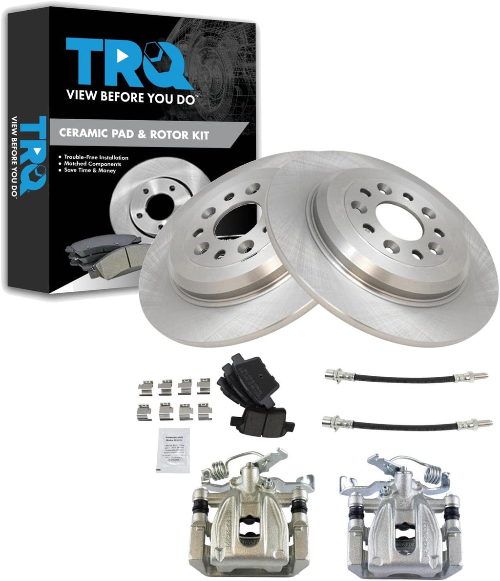 TRQ Rear Brake Pad and Rotor Set Ceramic Rotors Calipers Hoses Compatible with 2005-2007 Ford Five Hundred Freestyle Mercury Montego