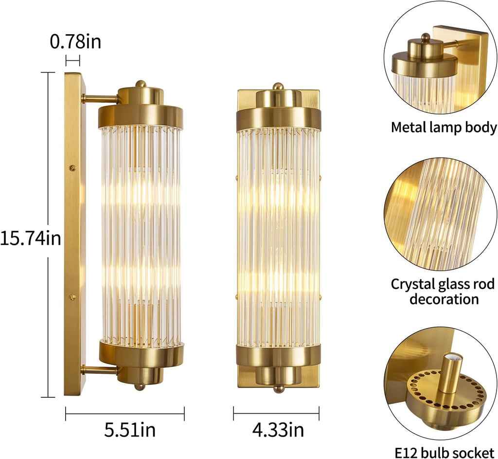 Gold Wall Sconces Set of Two with Crystal Glass Strip Bathroom Sconces Modern Wall Lights for Bedroom Living Room Hallway Wall Light Fixtures, 2 Light E12 Base