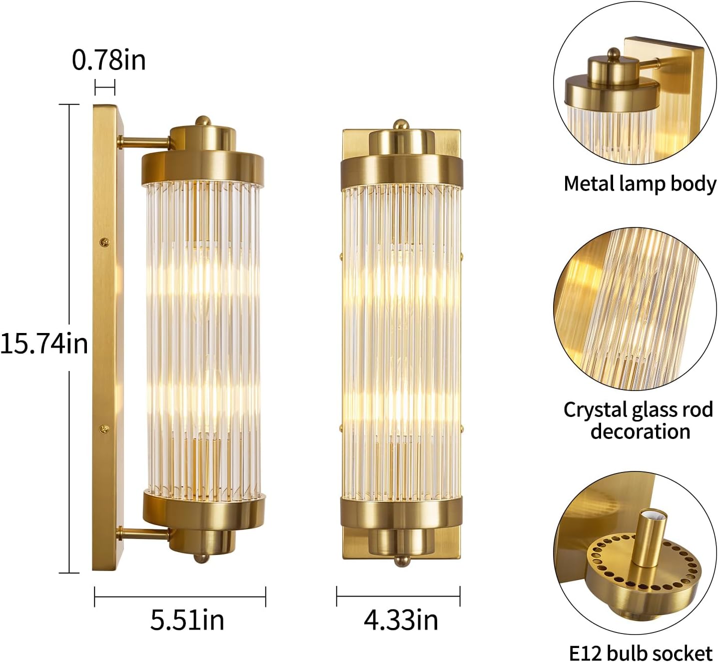 Gold Wall Sconces Set of Two with Crystal Glass Strip Bathroom Sconces Modern Wall Lights for Bedroom Living Room Hallway Wall Light Fixtures, 2 Light E12 Base