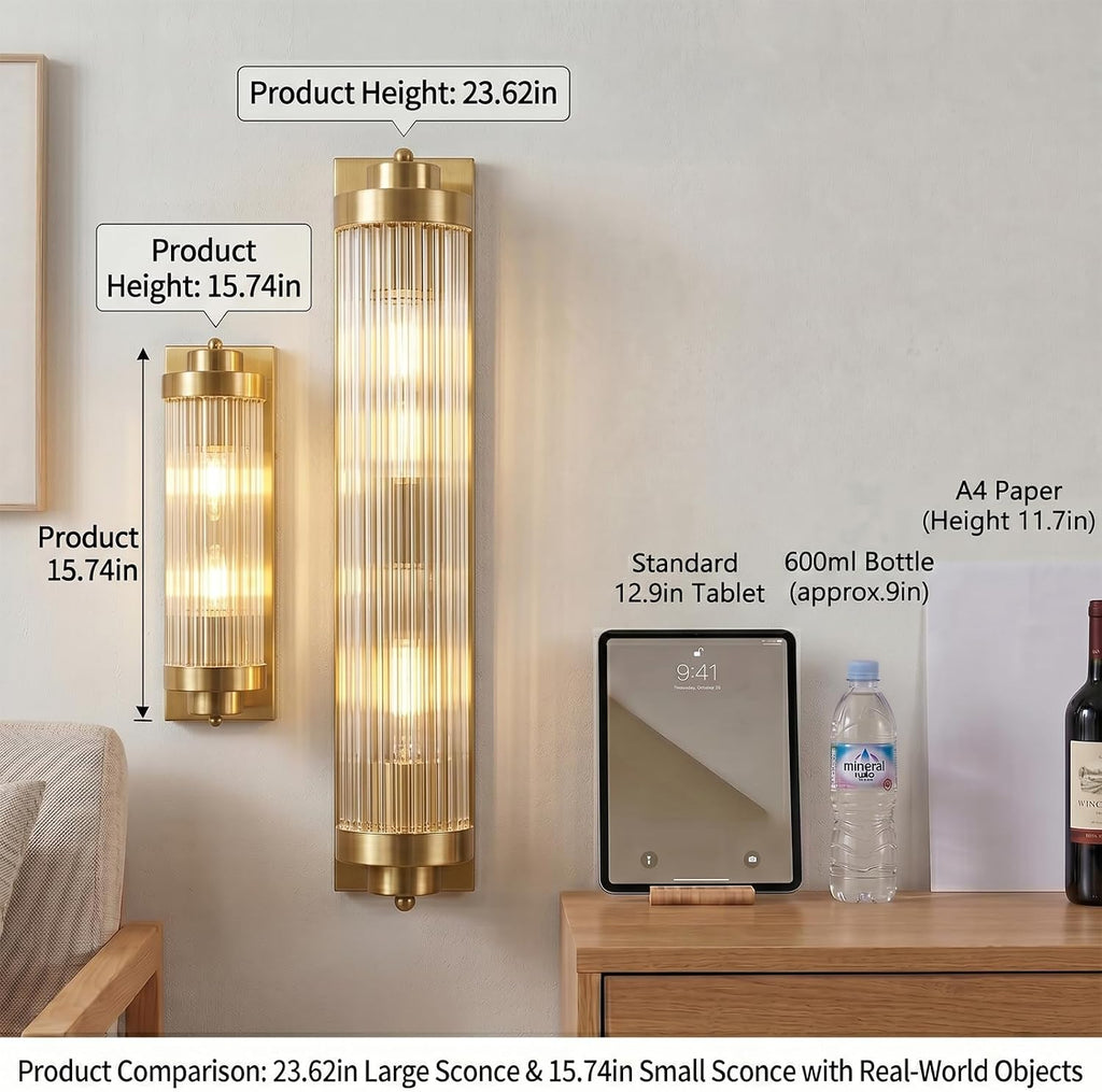 Gold Wall Sconces with Crystal Glass Strip Bathroom Sconces 2 Light E12 Base Modern Wall Lights for Bedroom Living Room Hallway Wall Light Fixtures (1 Pack)