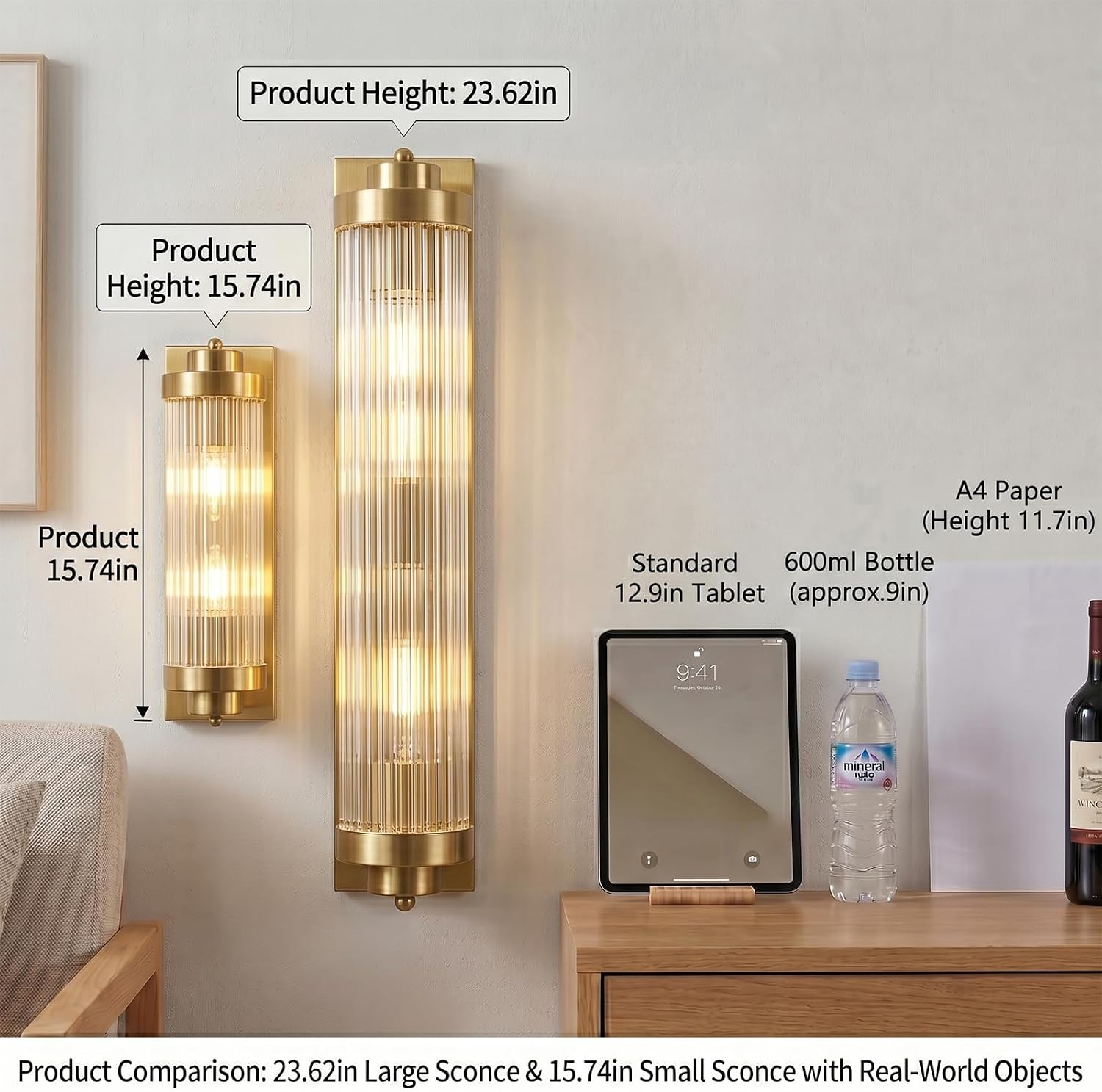 Gold Wall Sconces with Crystal Glass Strip Bathroom Sconces 2 Light E12 Base Modern Wall Lights for Bedroom Living Room Hallway Wall Light Fixtures (1 Pack)