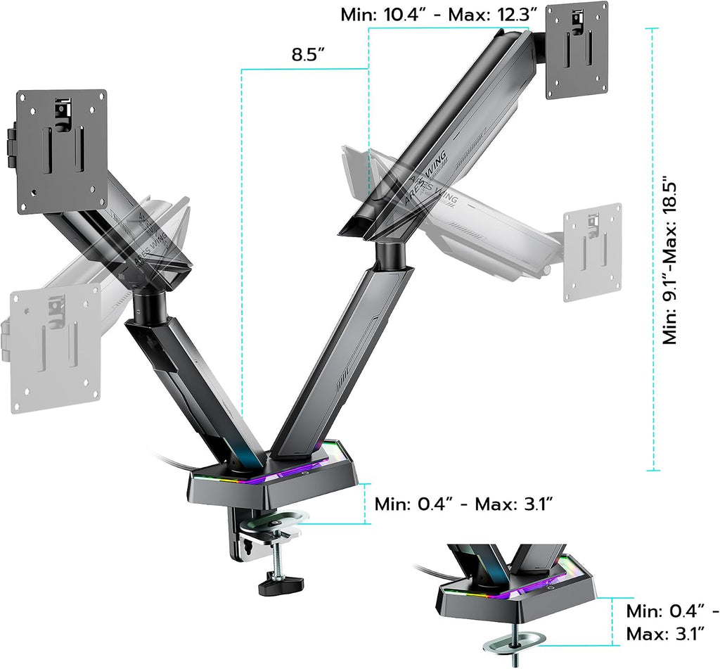 ARES WING RGB Dual Monitor Arm for 17-38' Ultrawide Screens, Holds 35.2lbs, Heavy Duty Dual Monitor Stand for Desk, Adjustable Double Mount with Clamp & Grommet Base, 75/100 VESA Mount, Gray