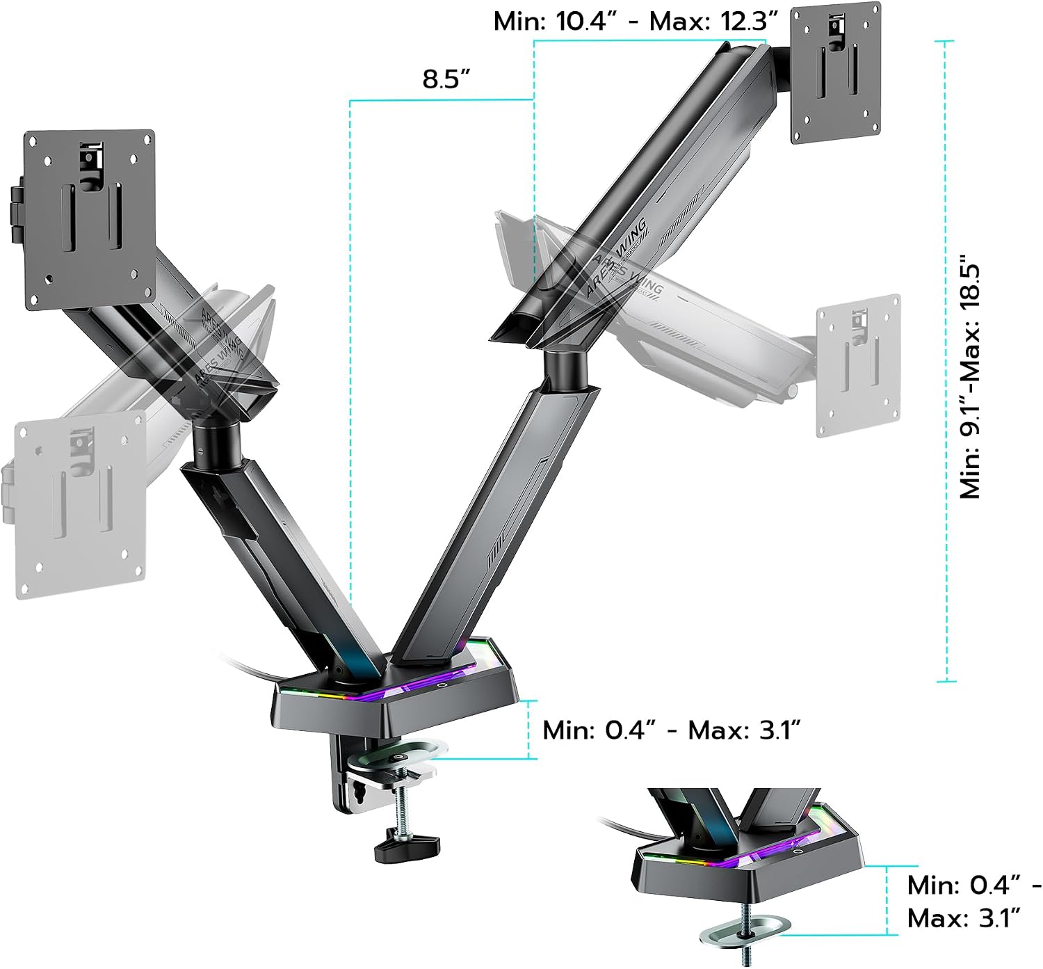ARES WING RGB Dual Monitor Arm for 17-38' Ultrawide Screens, Holds 35.2lbs, Heavy Duty Dual Monitor Stand for Desk, Adjustable Double Mount with Clamp & Grommet Base, 75/100 VESA Mount, Gray