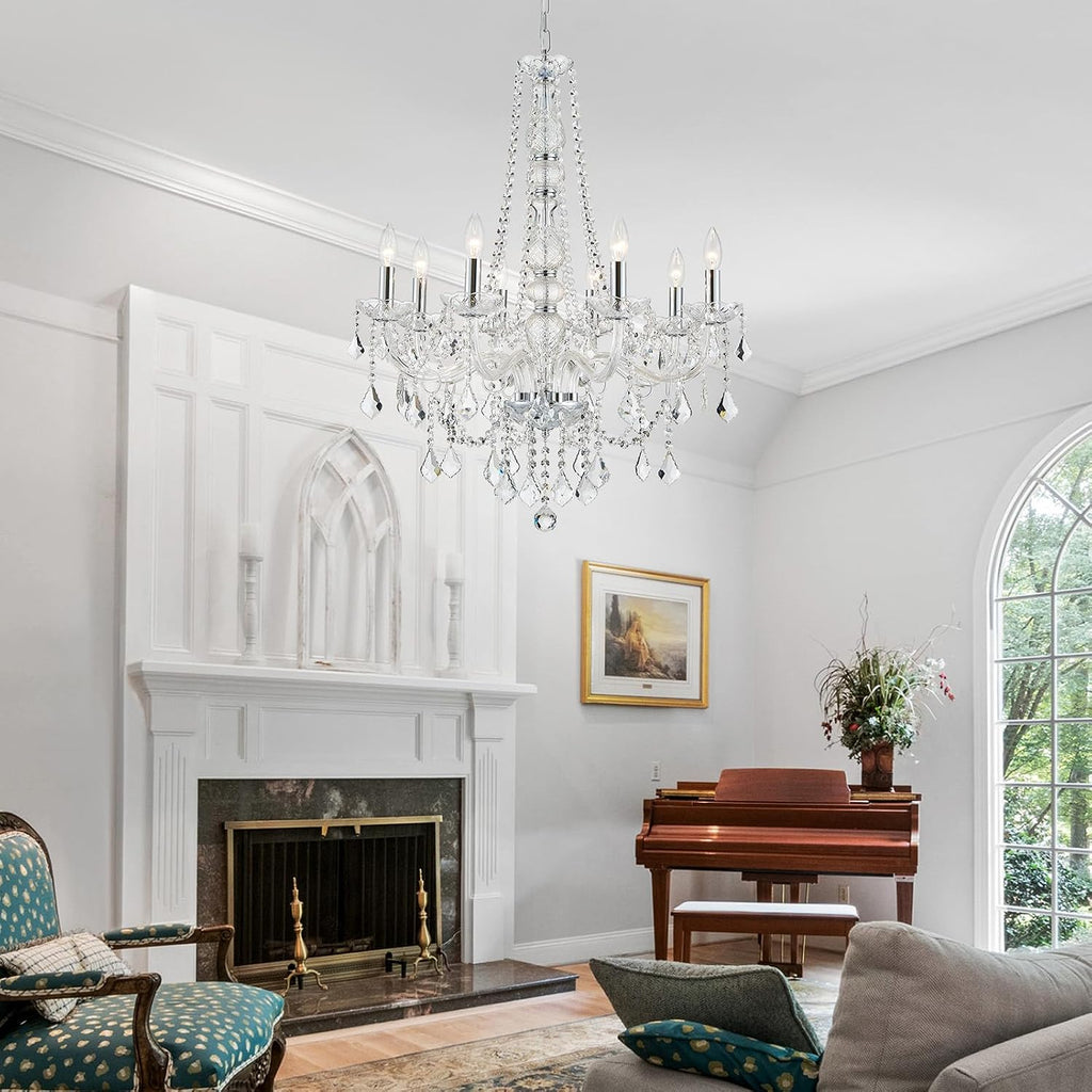 WUZUPS 8-Light Crystal Candle Chandelier Pendant Ceiling Light Modern Lighting Fixture for Bedroom Hallway Bar Kitchen Bathroom, H 35.4' W 27.6', E12 Base, Chrome