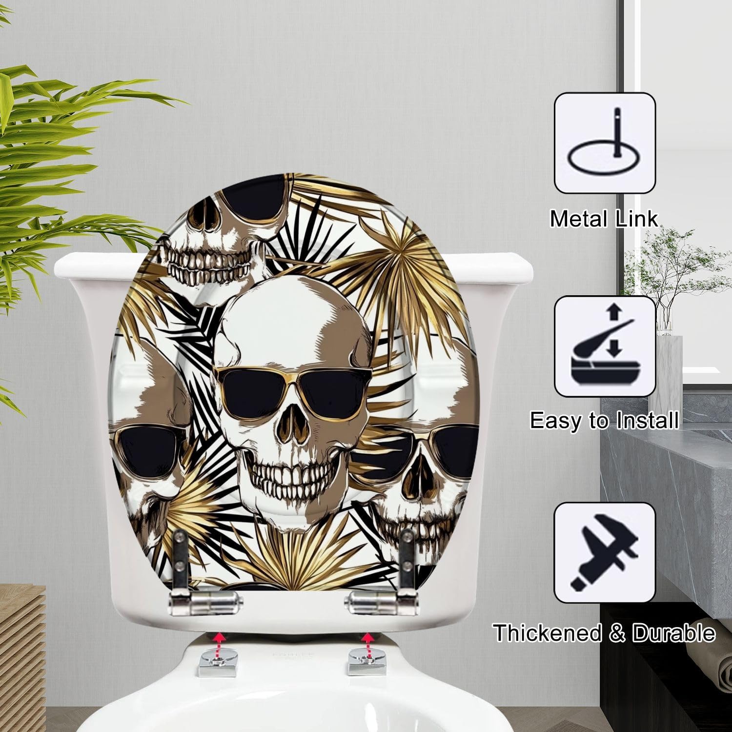 Round Toilet Seat Seamless gold silver pattern Tropical leaves Exotic fan palm human Resin Toilet Seat Slow Quiet Close with Quick-Release Hinges Toilet Seat with Cover Easy to Clean Install