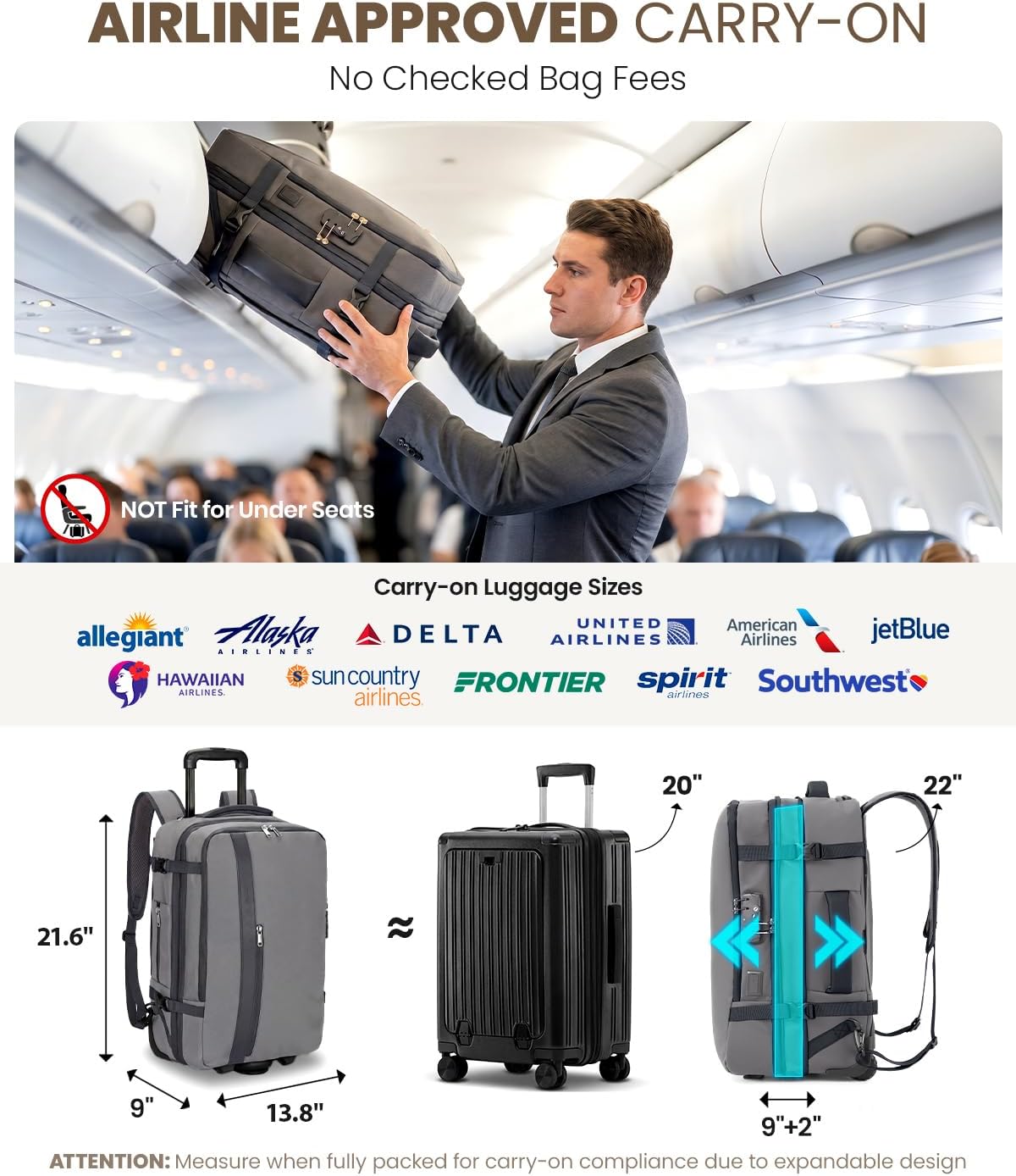 Fanwoli Rolling Vacuum Backpack Travel with One-Button Compression, Expandable Carry-On Suitcase Luggage, Approved TSA Lock & Water-Proof Laptop Compartment for Outdoor/Family/Business Trips