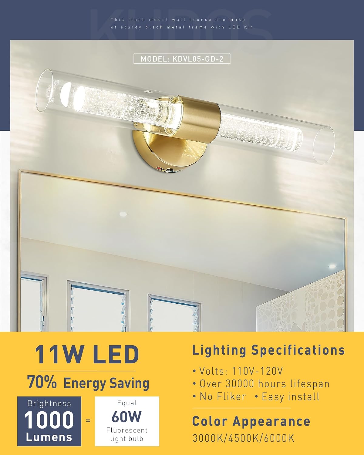 kudos Gold Bathroom Light Fixtures,2 Pack Modern Sconces Wall Lighting with Crystal Bubble and Clear Glass, 3000K/4500K/6000K Adjustable, KDVL05-GD-2-2PK