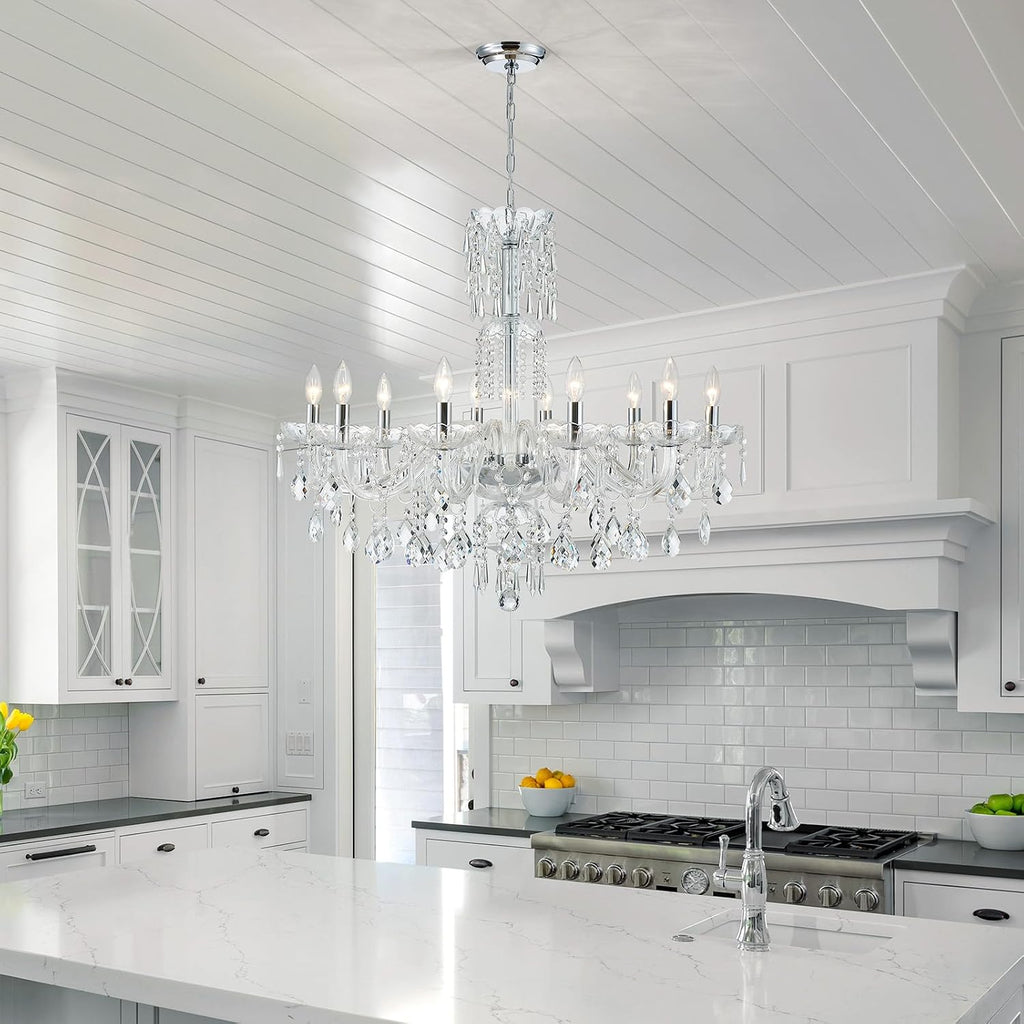 WUZUPS 10-Light Crystal Candle Chandelier Pendant Ceiling Light Modern Lighting Fixture for Bedroom Hallway Bar Kitchen Bathroom, H 26.7' W 33.9', E12 Base, Chrome