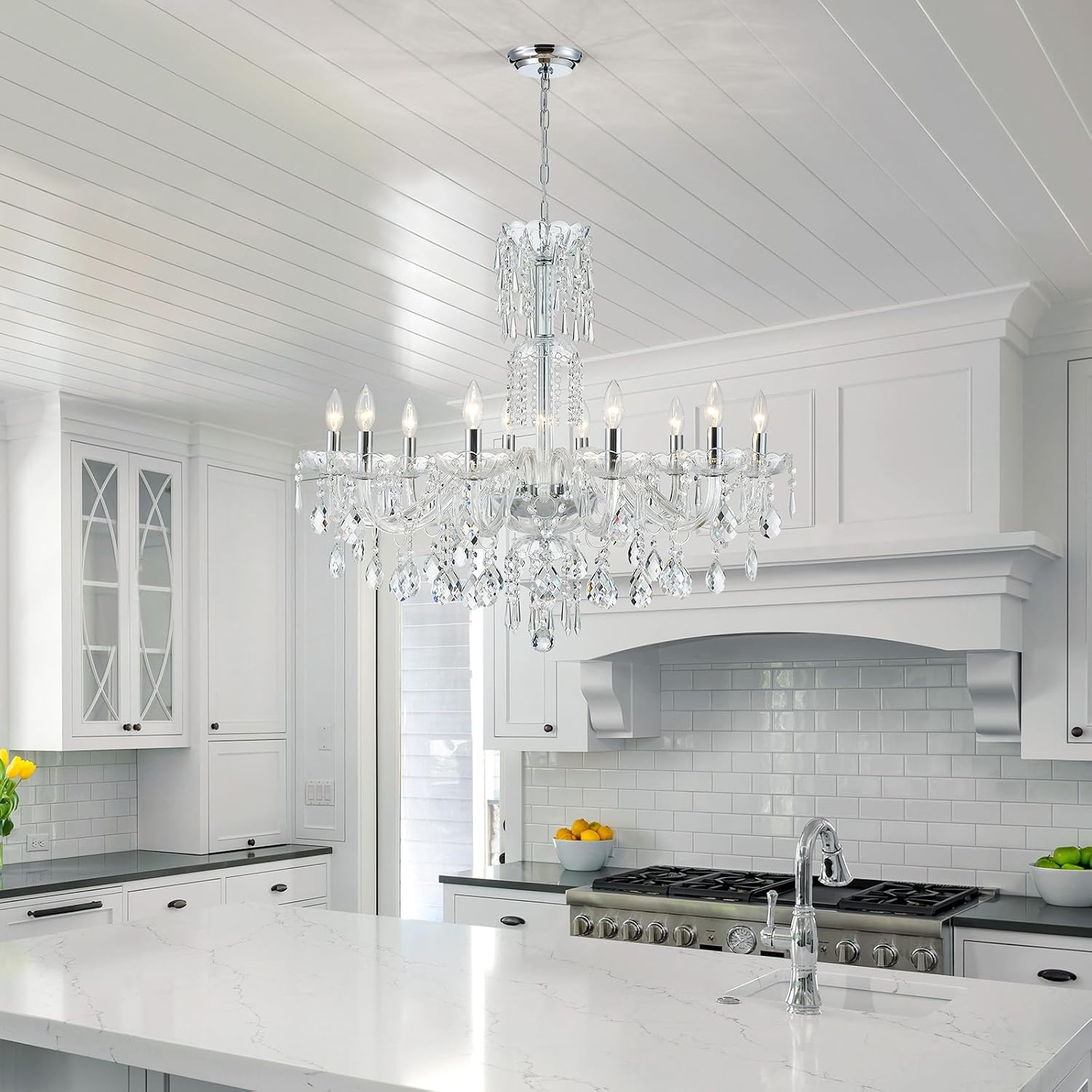 WUZUPS 10-Light Crystal Candle Chandelier Pendant Ceiling Light Modern Lighting Fixture for Bedroom Hallway Bar Kitchen Bathroom, H 26.7' W 33.9', E12 Base, Chrome