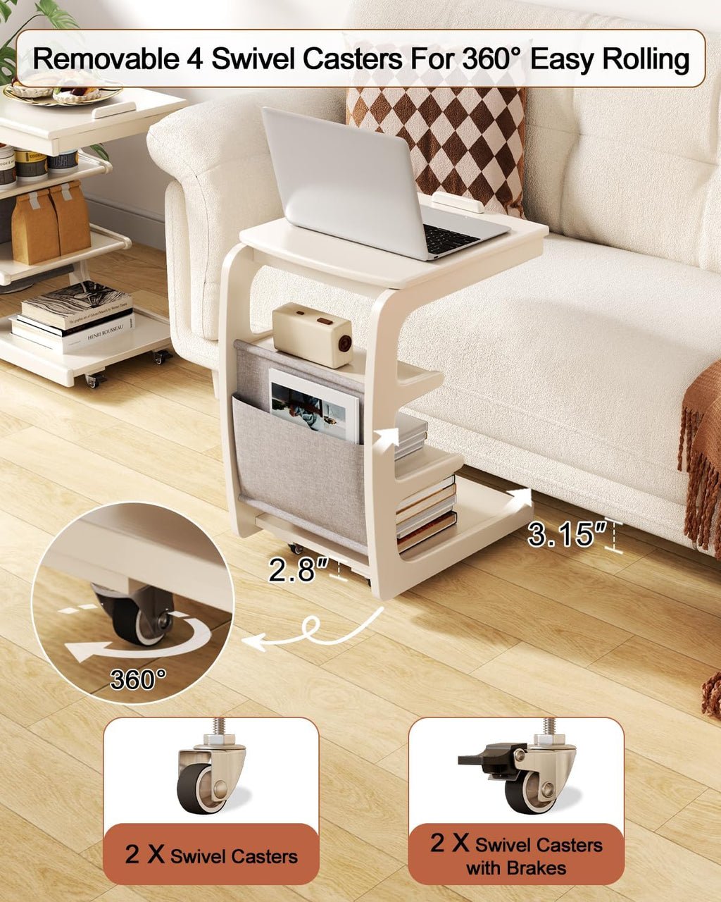 AQIMUELE Wooden C-Shaped End Table,Couch Desk with 2 Lockable Wheels,4-Tier Couch Table with Storage Bag,Small Rolling Side Table Tv Trays for Couch, Living Room,Bedroom (White)