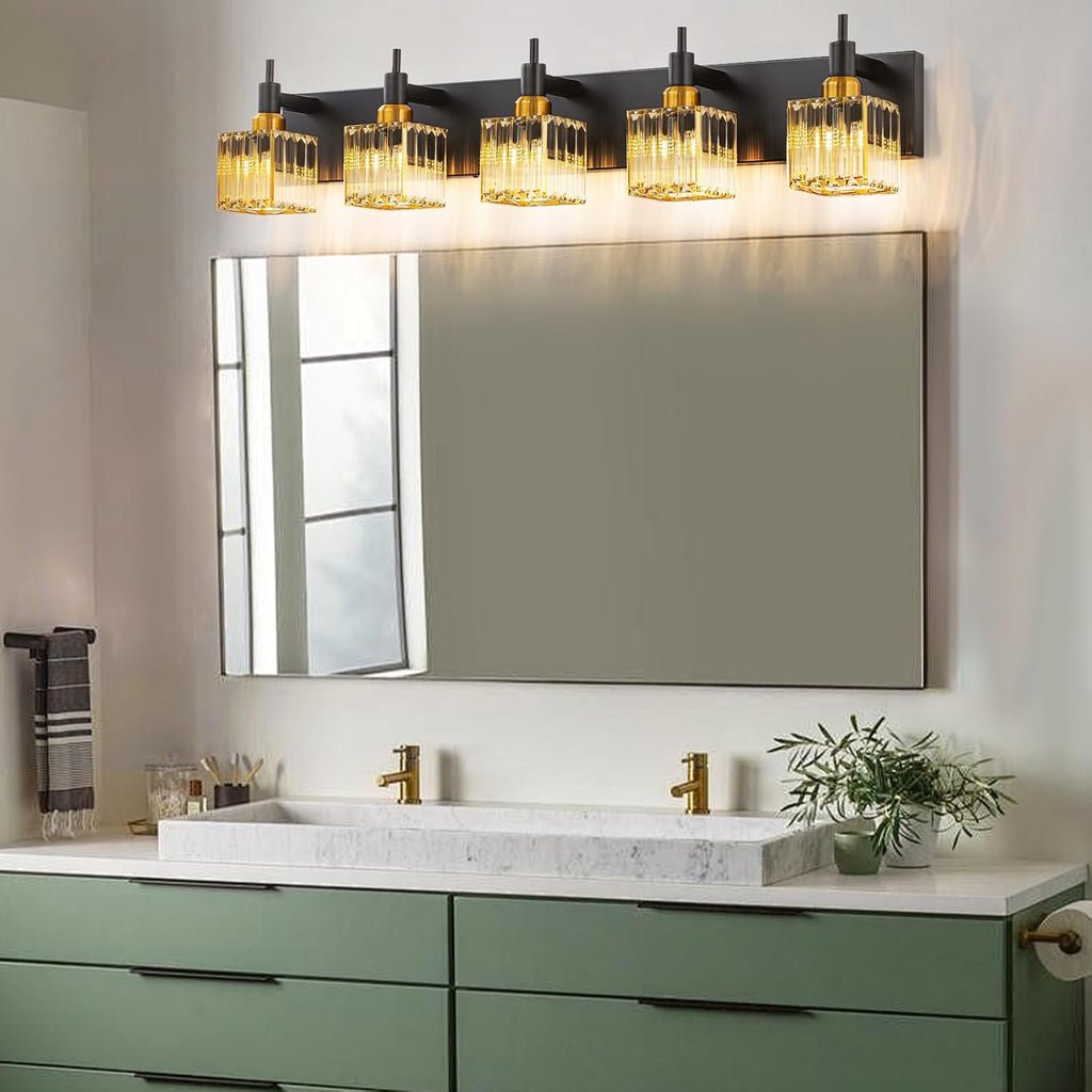 Modern Crystal Bathroom Vanity Light Black Gold 5-Lights Bathroom Lighting Fixtures Over Mirror, Brass Wall Light Fixtures