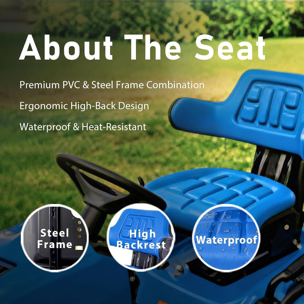 Universal Adjustable Ergonomics Tractor Seat with Heavy-Duty Padded Vinyl Cover, 110-265 LBS Weight Capacity, Heavy Duty Steel for Long-Lasting Comfort (Blue)