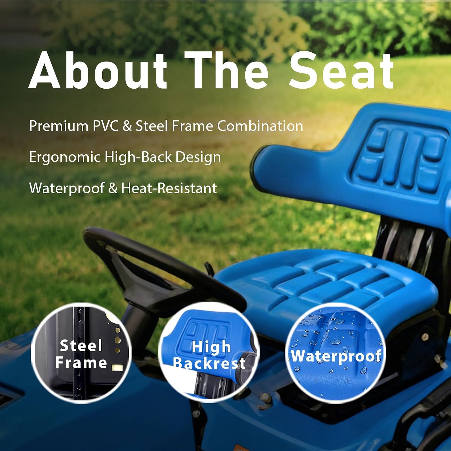 Universal Adjustable Ergonomics Tractor Seat with Heavy-Duty Padded Vinyl Cover, 110-265 LBS Weight Capacity, Heavy Duty Steel for Long-Lasting Comfort (Blue)