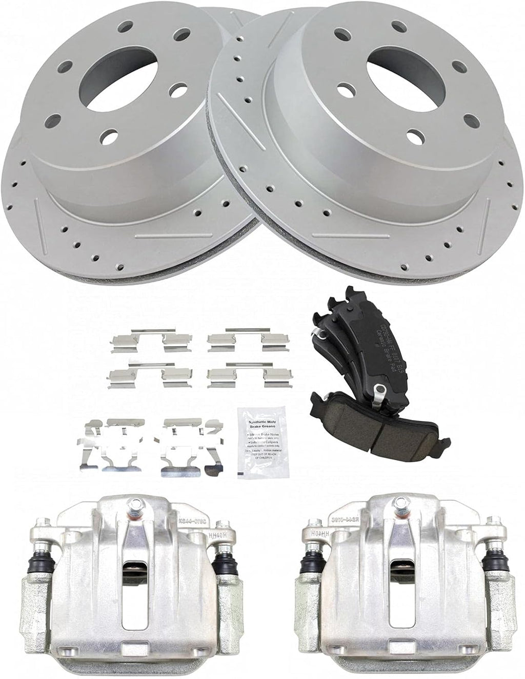 TRQ Performance Rear Brake Pad and Rotor Set Ceramic Coated Slotted Drilled Solid Rotors Calipers Compatible with 99-02 Chevrolet Silverado 1500 GMC Sierra 1500 00-01 Tahoe Yukon 03-05 Astro Safari