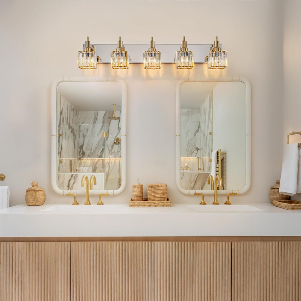 Crystal Bathroom Light Gold Chrome 5-Light Modern Bathroom Vanity Fixtures Over Mirror Square Wall Sconce