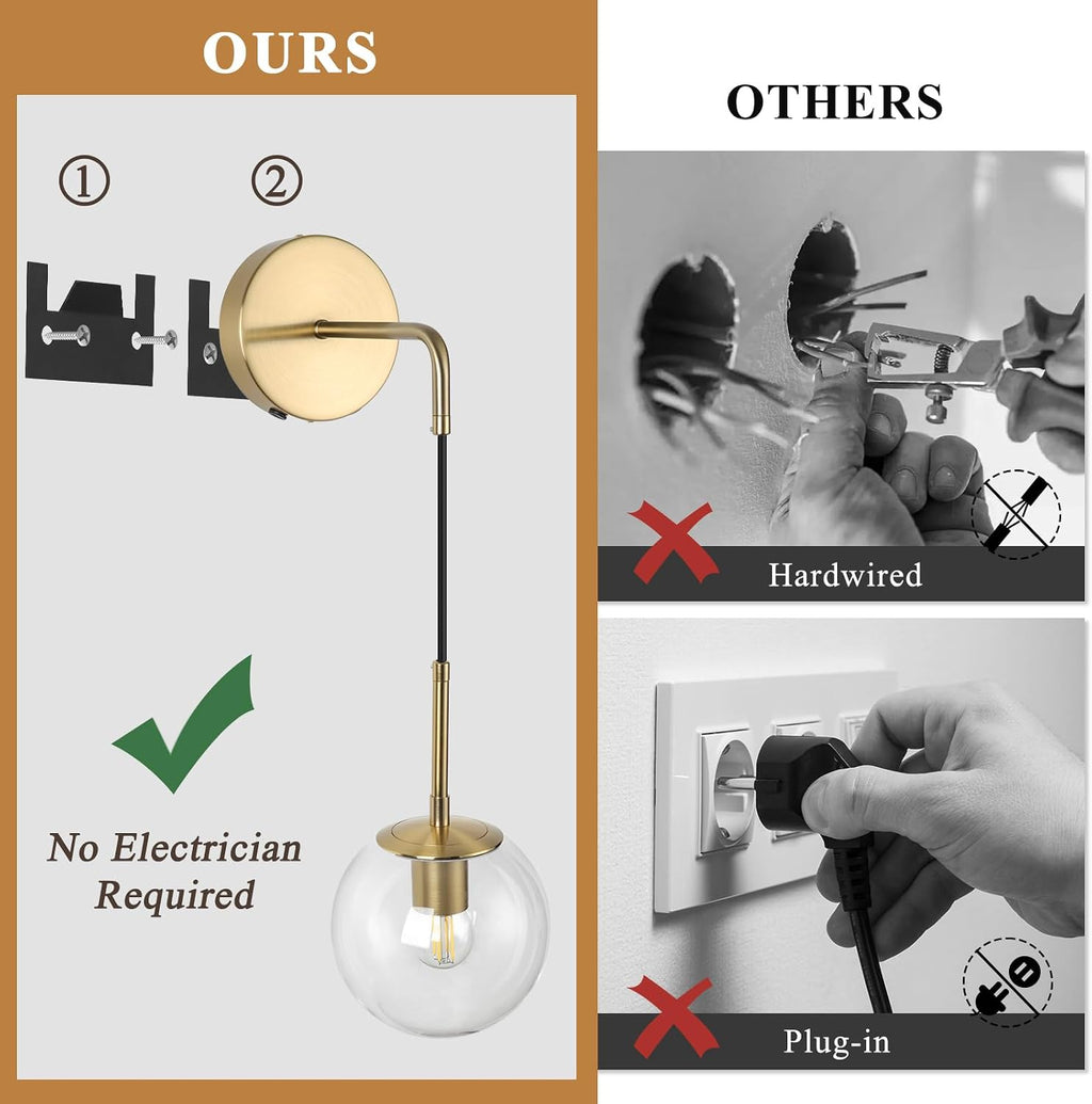 Battery Operated sconces Set of 2 Glass Globe Rechargeable Wall Light Fixture Wireless Wall Lights with Clear Glass Shade for Living Room, Hallway, Bedroom(2 Pack)