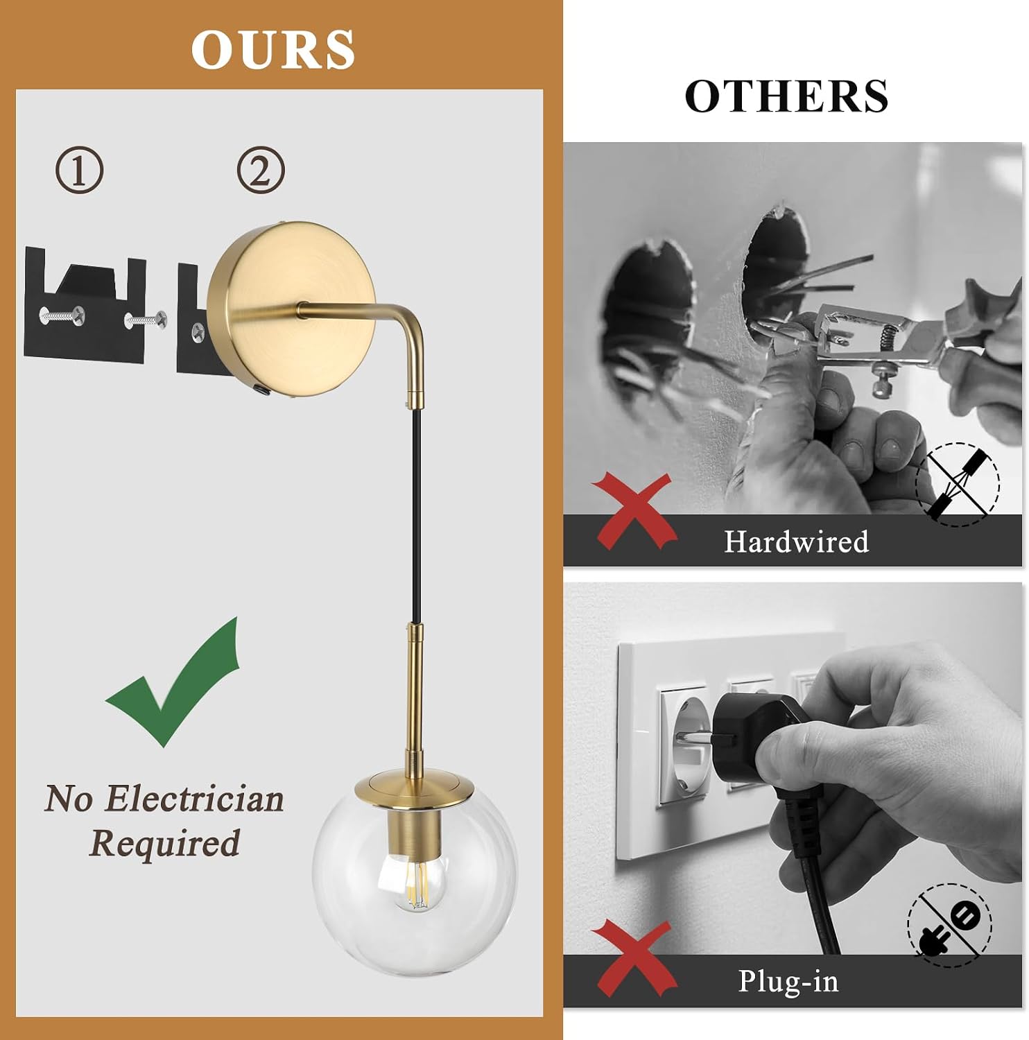 Battery Operated sconces Set of 2 Glass Globe Rechargeable Wall Light Fixture Wireless Wall Lights with Clear Glass Shade for Living Room, Hallway, Bedroom(2 Pack)