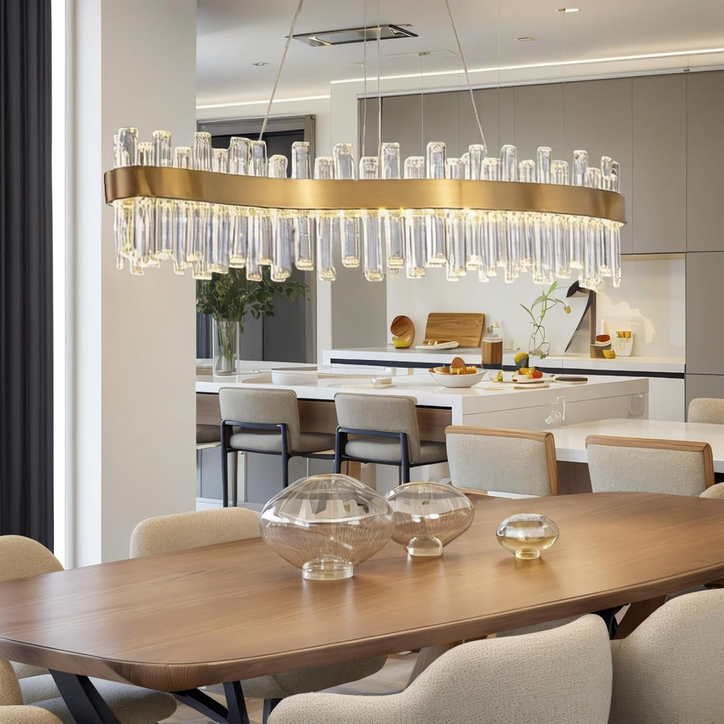 Siljoy Modern Gold Crystal Chandelier, Luxury 2-Tiers K9 Crystal Raindrop Chandelier, Dimmable Color-Changing Linear Crystal Pendant Ceiling Light for Living Dining Room Kitchen Island L47''