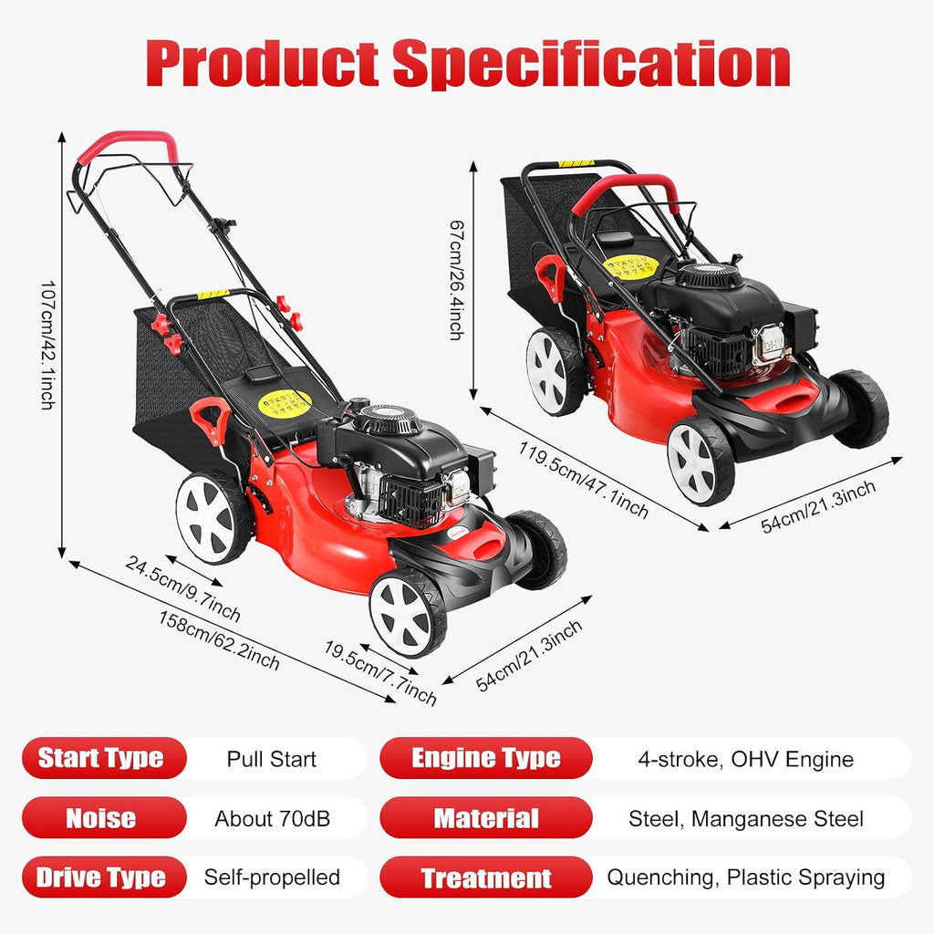 Self Propelled Lawn Mower, 4 Stroke 4000W Engine Weed Wacker Self Propelled Gas Powered Lawn Mowerwith 8 Gear Adjustable Height 3 in 1 Push Lawnmower with Bagging, for Lawn Weeding