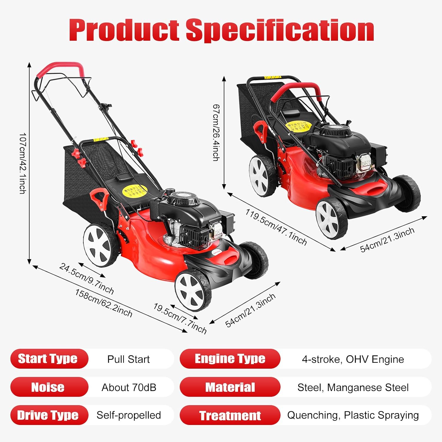 Self Propelled Lawn Mower, 4 Stroke 4000W Engine Weed Wacker Self Propelled Gas Powered Lawn Mowerwith 8 Gear Adjustable Height 3 in 1 Push Lawnmower with Bagging, for Lawn Weeding
